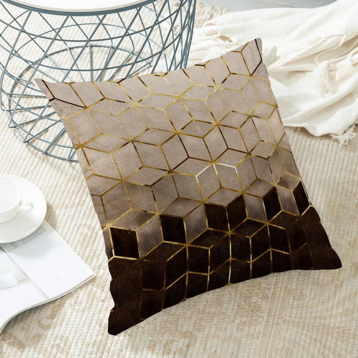 Boho Brown Pillow Covers 16x16 Inch Set of 2 Abstract Brown Golden Geometric Throw Pillows Outdoor Decorative Modern Art Cubic Pillowcase Linen Cushion Cases for Bed Sofa Couch image 4