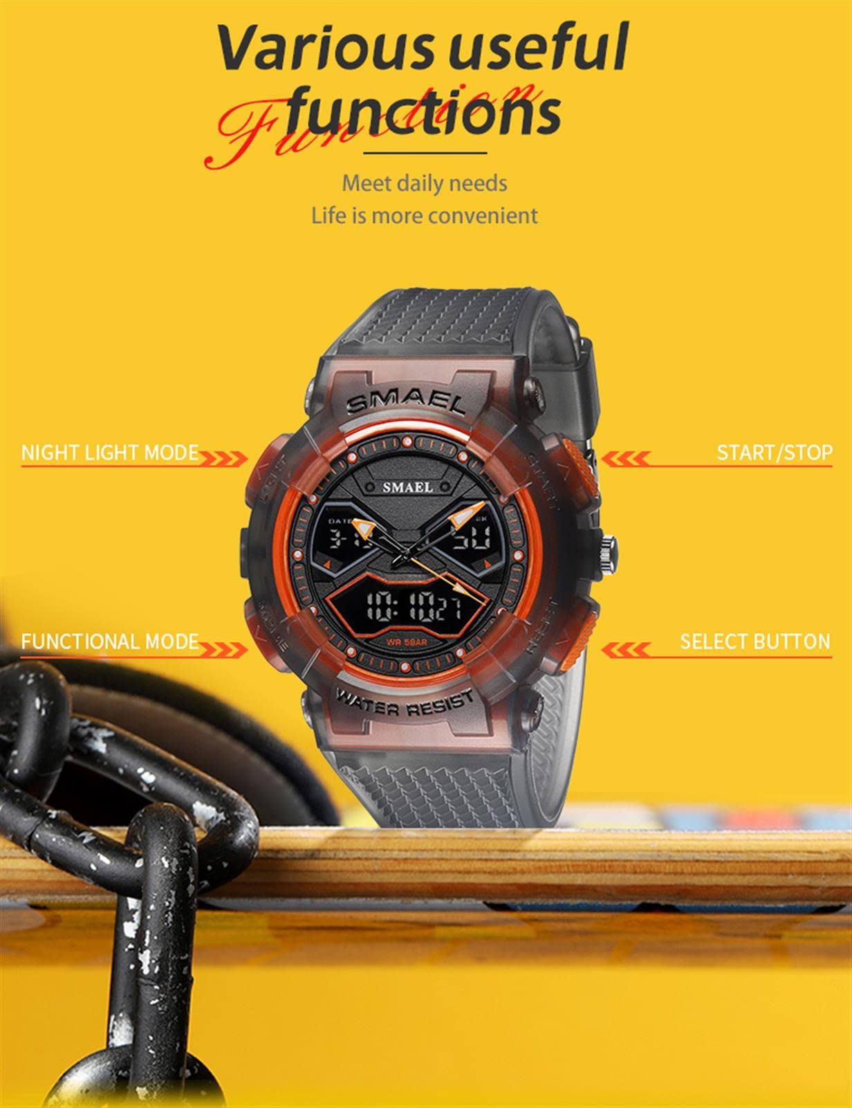 Montre Homme Digitale Outdoor Sport Grand Cadran Militaire Multifonction Étanche Montre LED Lumière Alarme Calendrier Date Montre