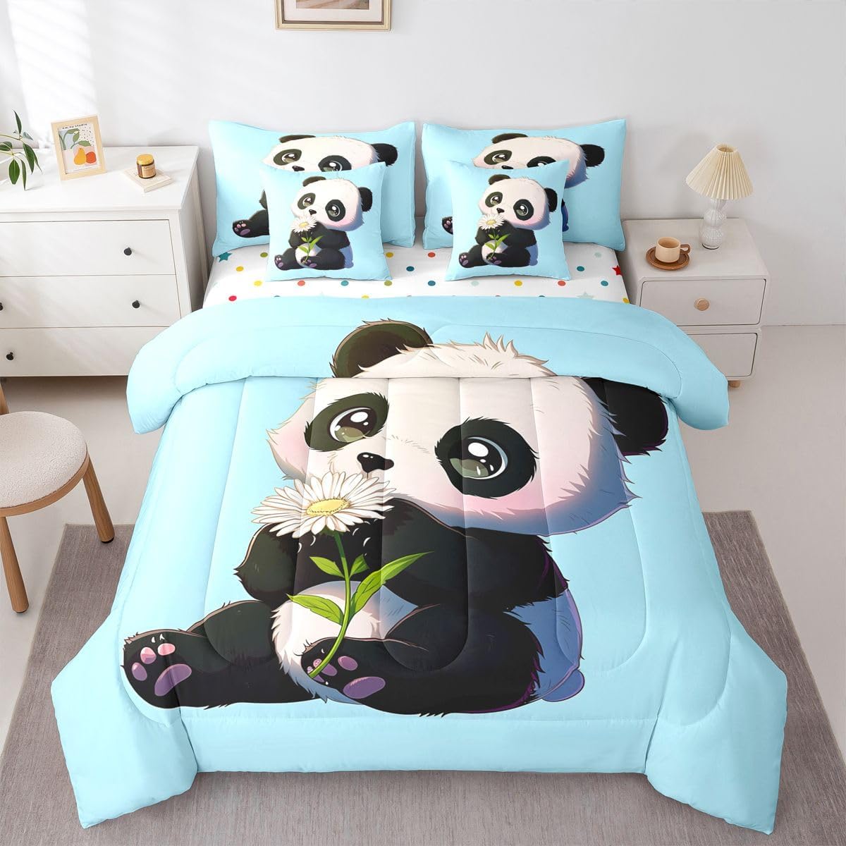 Erosebridal Cartoon Panda Comforter Set 7 Pcs Cute Giant Panda Duvet Set Queen Size Daisy Sheet Set Bed in A Bag Kawaii Animal Quilt Set Blue for Kids Child