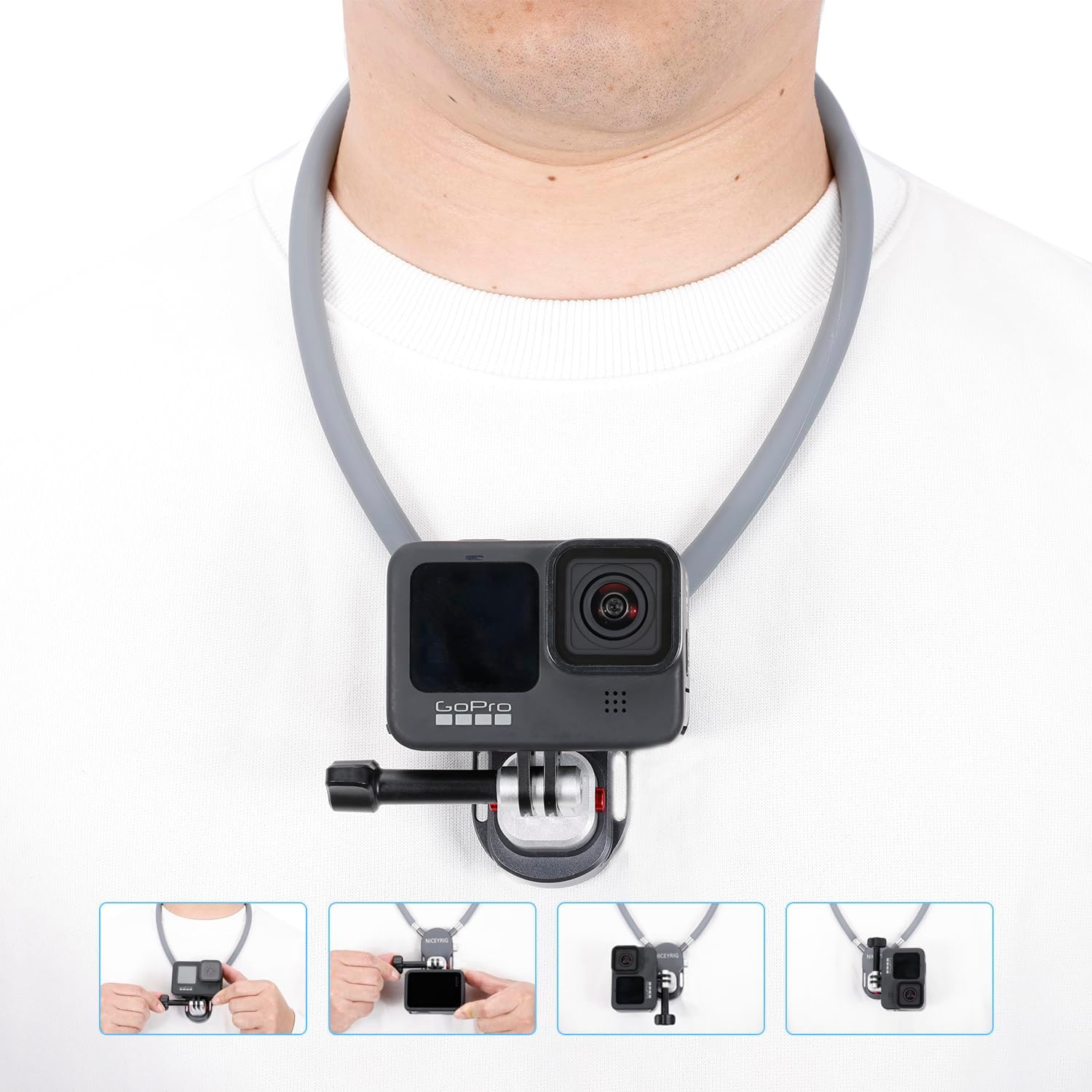 NICEYRIG Magnetic Neck Mount with Chest Strap for Action Camera, Dual Quick-Release Support, Applicable for GoPro Hero 13 12 11 10 9, DJI Action 5 4 3 (Aluminum Alloy) - 638