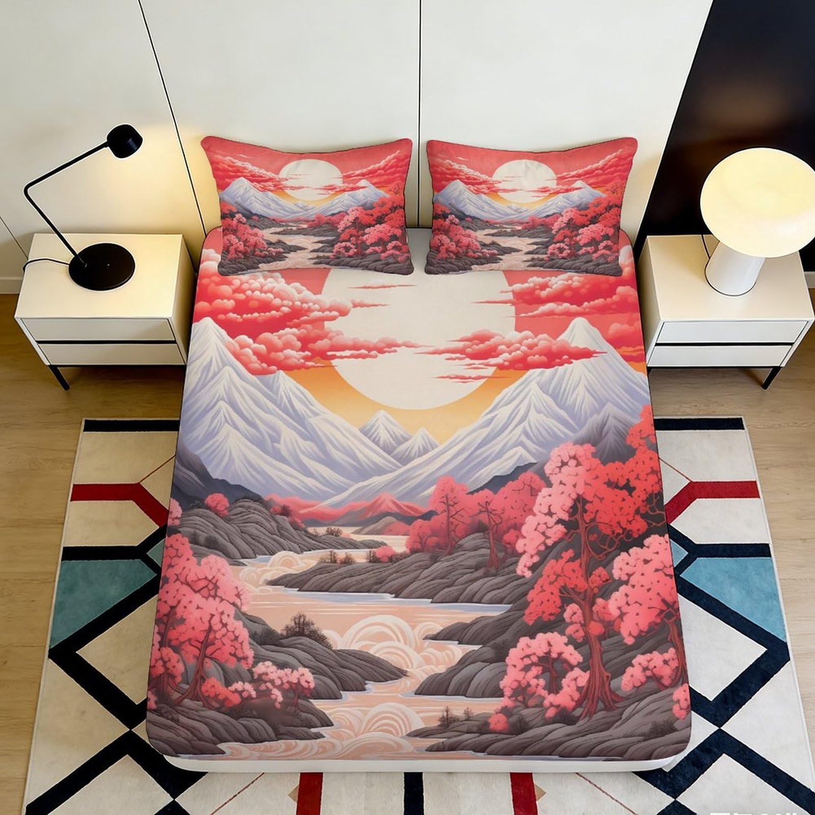3D Printed Sunset Mountain Landscape Fitted Sheet Microfiber Soft River Valley Bed Cover for Bedroom Guest Room Decor 90x200x25cm