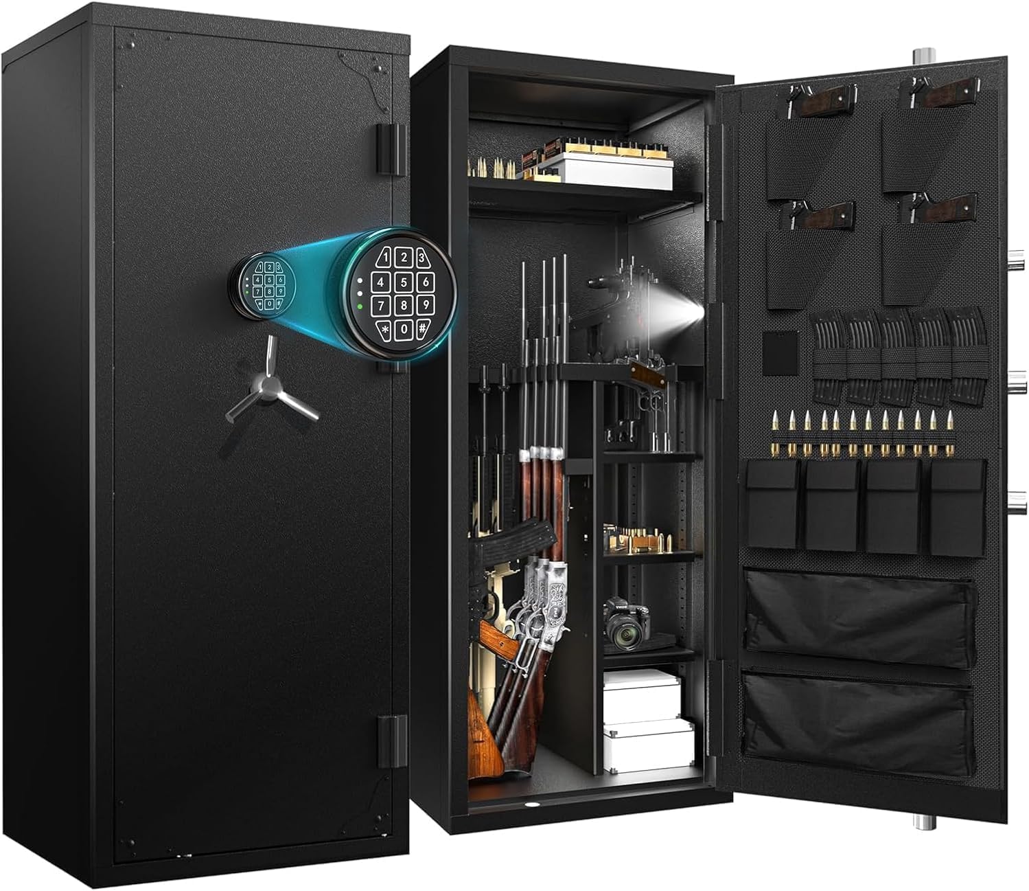 2026 Large Gun Safe, 30 Rifle Safe for Rifle and Shotgun/Rifle Pistol Rack/Storage Pocket/Removable Shelf/Silent Mode/External Battery/Key/LED,180 Open Door Panel Organizer Unassembled Gun Safe