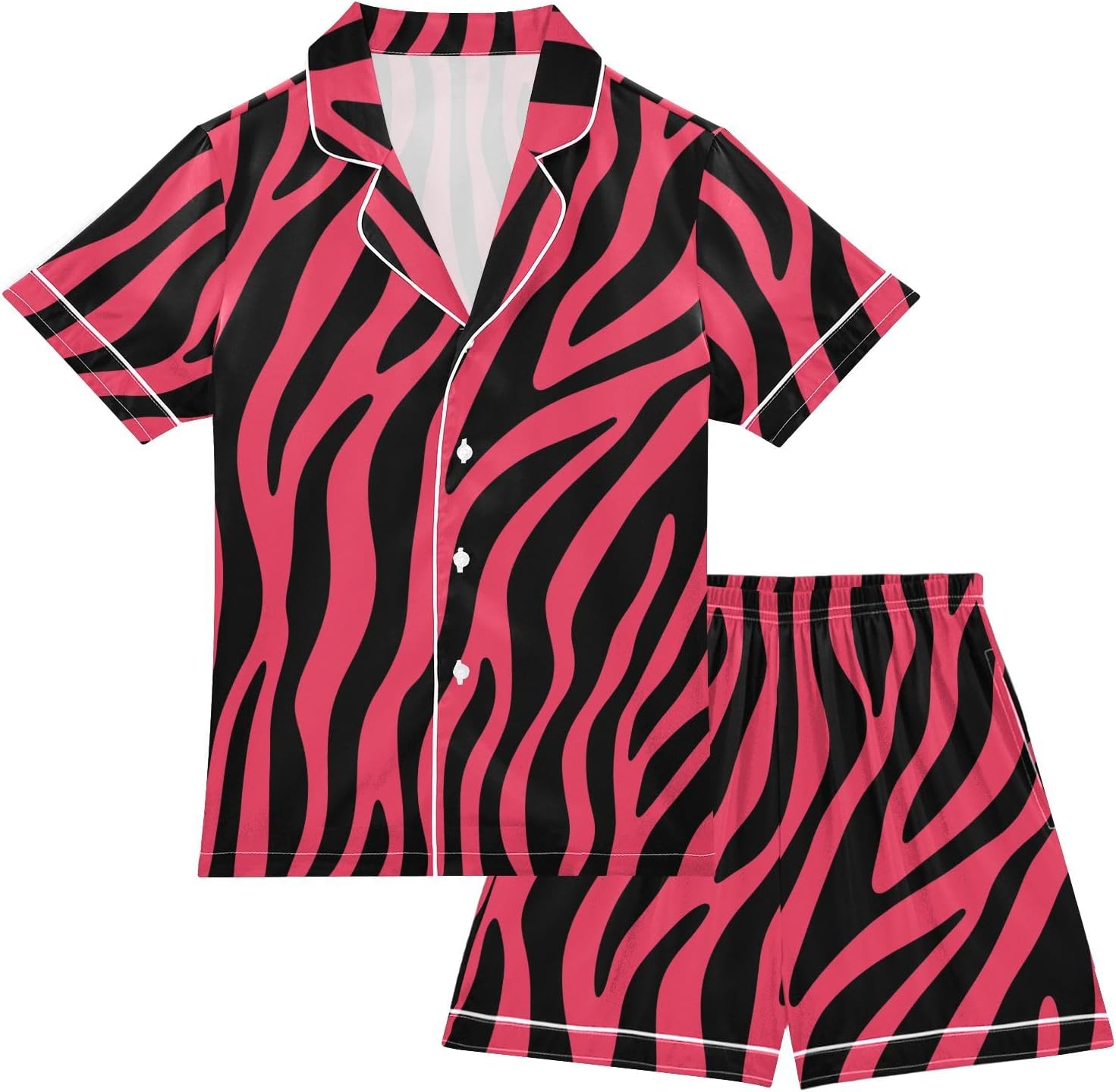 Kids Satin Wear Set Pink Zebra Print Pattern Relaxed Fit Clothing Short Sleeve and Shorts