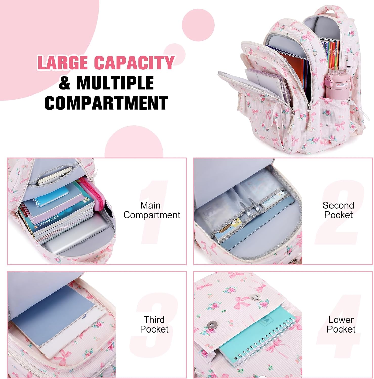 Bevalsa School Backpack for Girls, 4PCS Corduroy Kids Backpack Set image 3