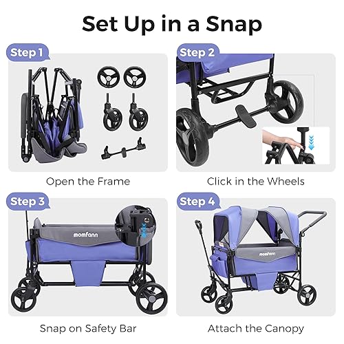 Miniatura 9 de Vagón Cochecito para 2 Niños, Vagón Cochecito Plegable con Toldo, Organizador para Padres de Todo Terreno, Asa Ajustable y Barra de Tracción Vagón