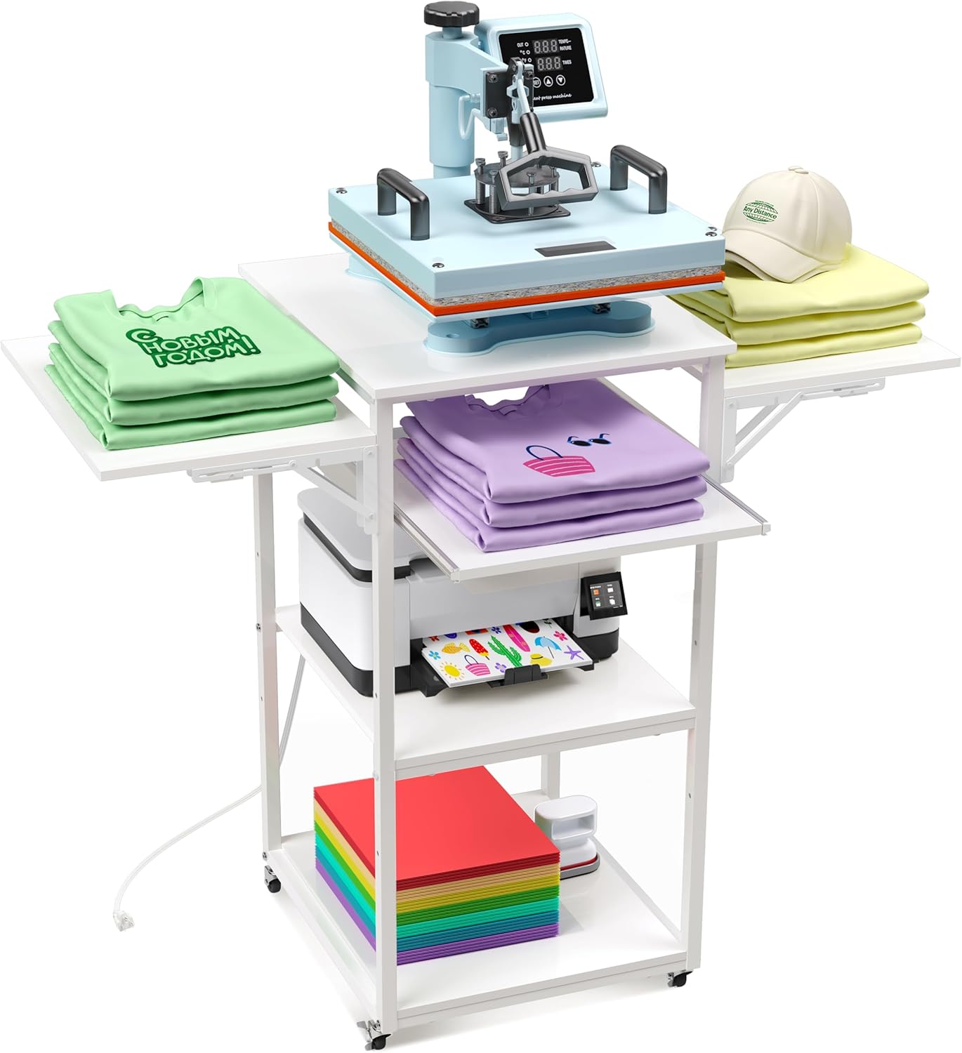 Crafit Movable Heat Press Table with Charging Station, Crafit 4 Tier Foldable Heat Press Stand with Pull-Out Tray for Heat Transfer Sublimation Printer Sublimation Transfer Machine Organization