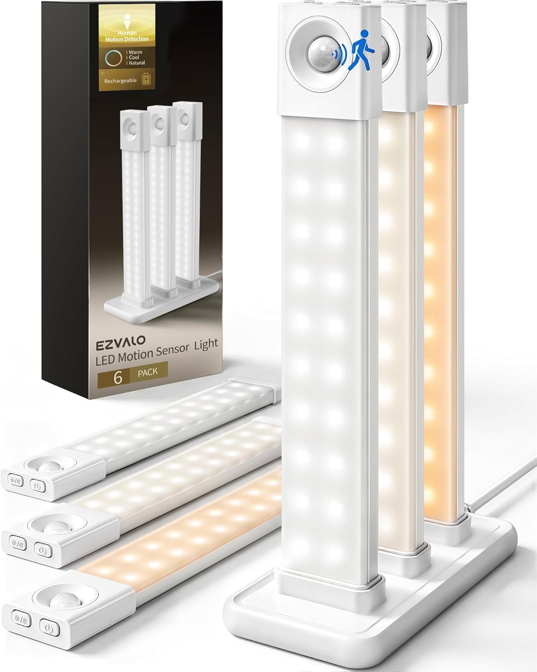 8” Rechargeable Wireless Closet Lights, Magnetic, 3 Color Temps, Dimmable for Kitchen, Pantry and Stairs EZVALO 6-Pack Motion Sensor Under Cabinet Lighting with Charging Station