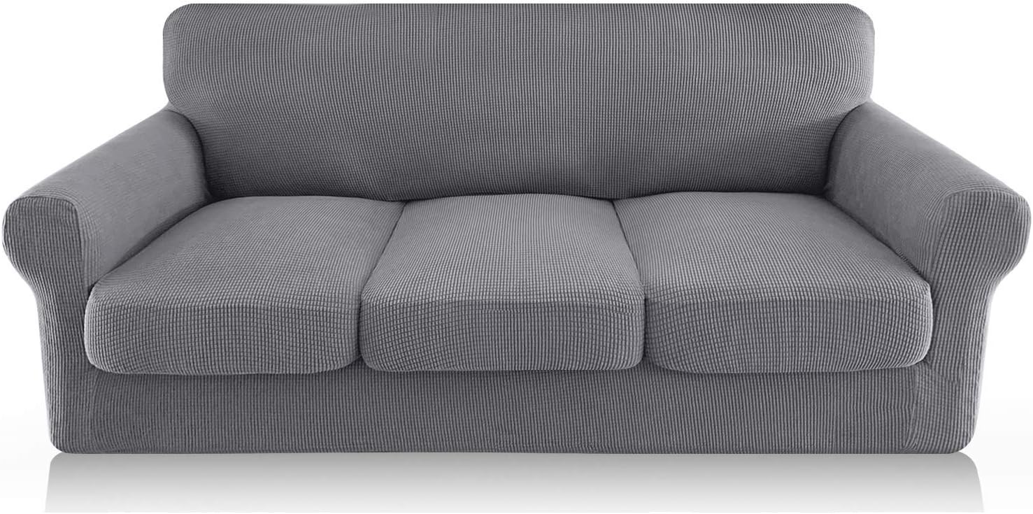FAHUA 4 Piece High Stretch Couch Covers for 3 Cushion Couch Soft Sofa Cover with Separate Cushion Cover Form Fit Sofa Slipcover Furniture Protector Machine Washable (Large, Light Gray)