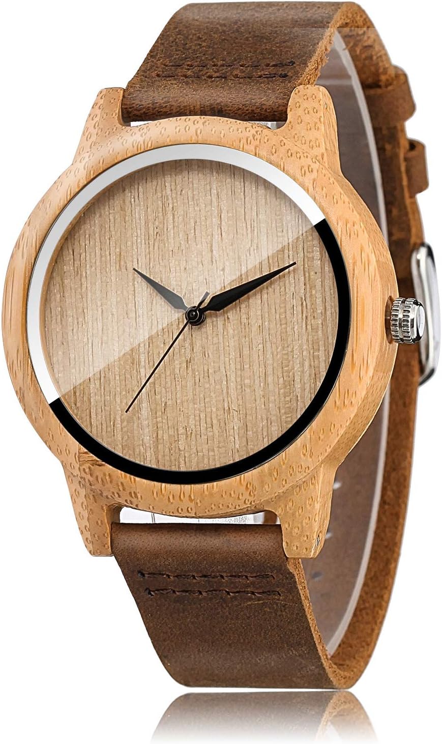 CUCOL Men Women Bamboo Engraved Cowhide Leather Strap Watch Wooden Case Analog Quartz Wristwatch