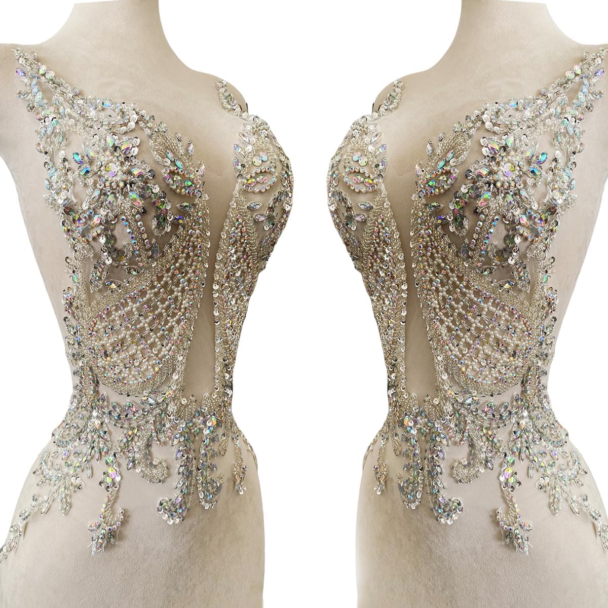 Zbroh 1PCS Handmade Shining Rhinestones Lace Applique Handsewing Beads Patches Trimming Weddings Evening Party Prom Dresses Accessories 15X22in (Clear AB)