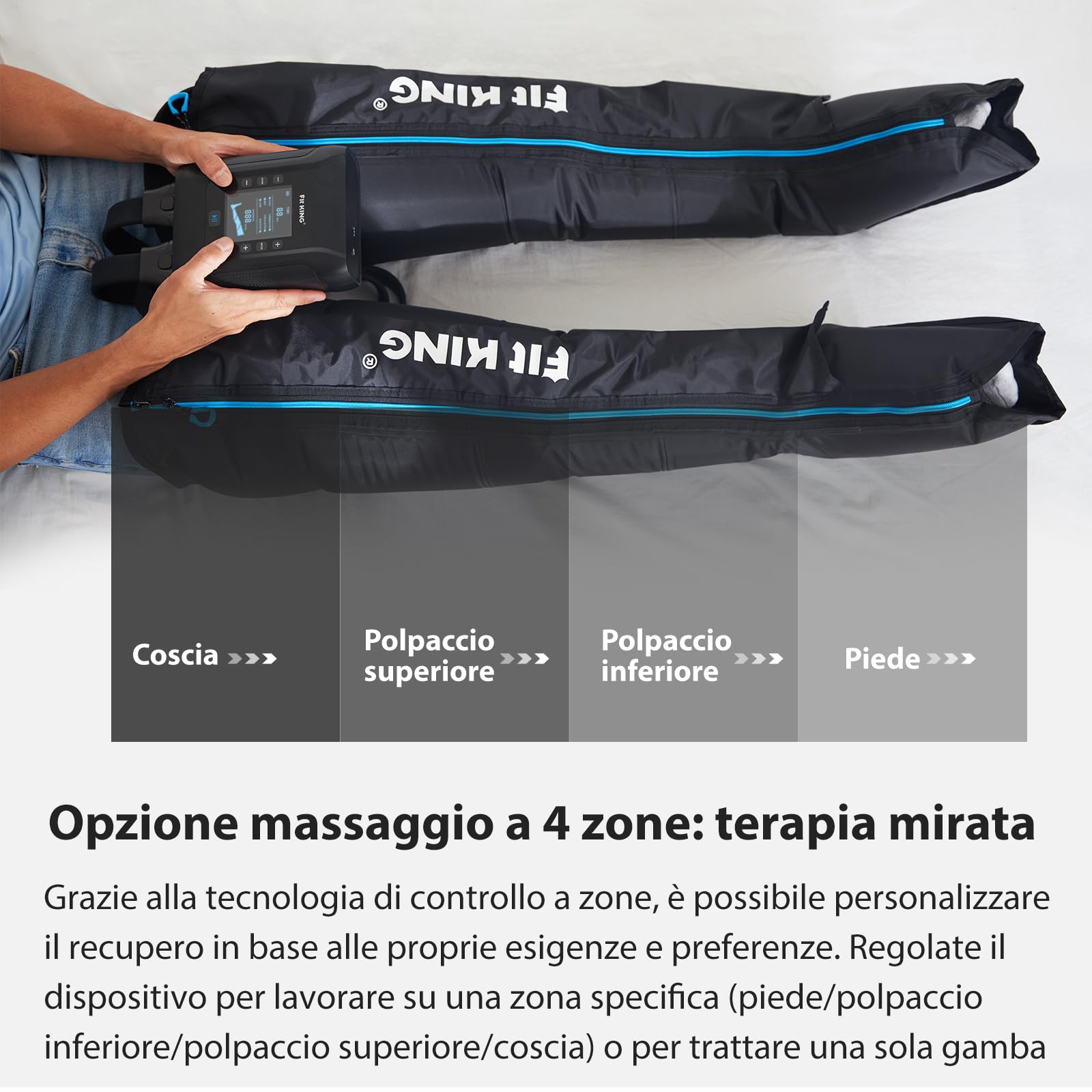 FIT KING Massaggiatore Gambe a Compressione d‘Aria Ricaricabile Senza Fili, Massaggio con 4 Zone Regolabili, 3 Modalità e 11 Intensità, Ideale per Recupero Sportivo e Relax Quotidiano (Medio)