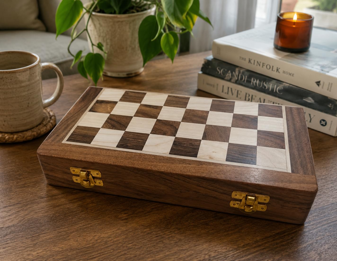 Magnetisches Schachspiel aus Holz – 25,4 cm faltbares Reise-Schachbrett für Erwachsene und Kinder, handgefertigtes Akazienholz-Spiel mit Ablagefach, dekoratives mittleres Schachset für Geschenk und