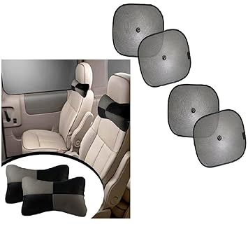 AUTO CAR WINNER Black-Grey Neck Rest & Foldable Black Sun Shades(Set of 4) Combo