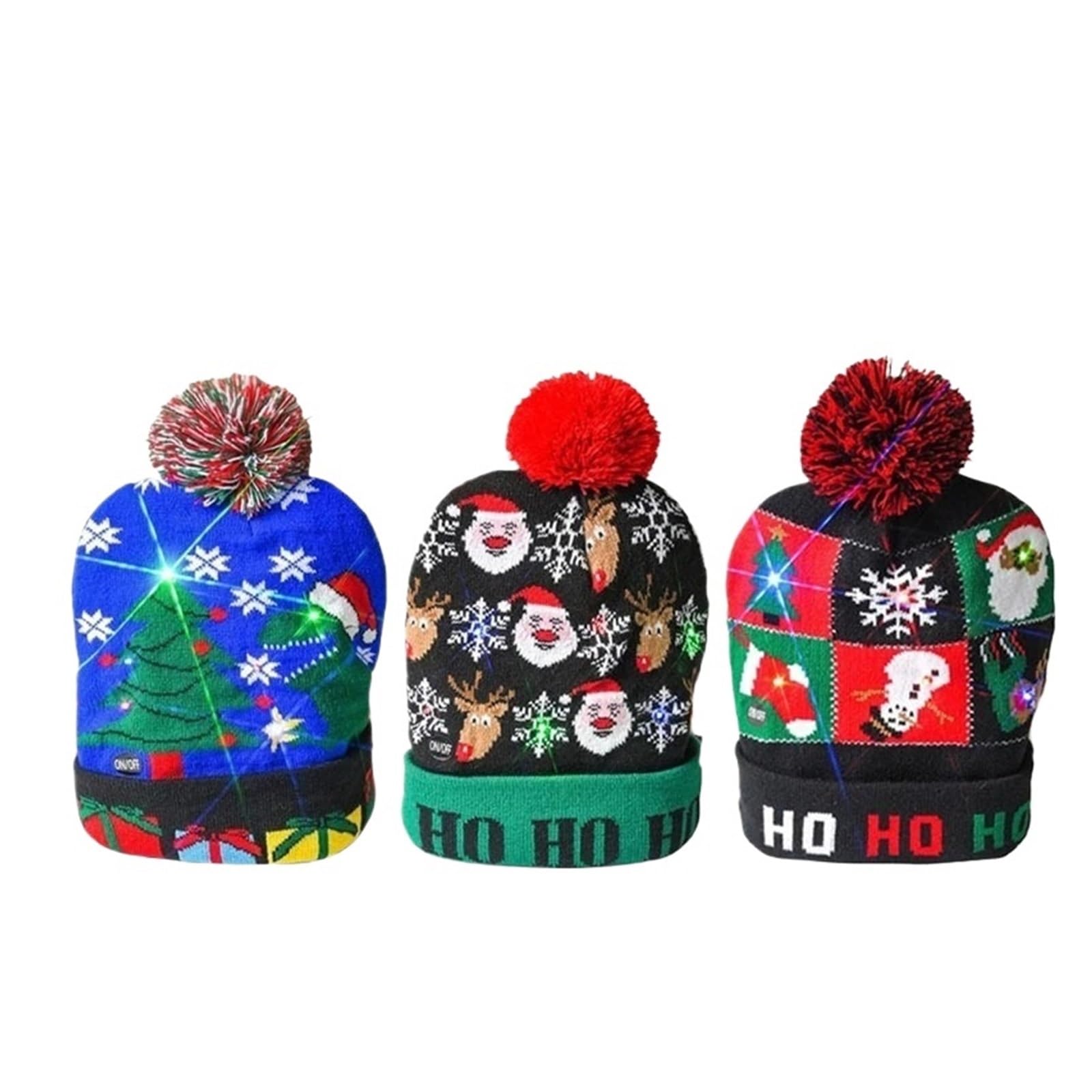 Générique Bonnet tricoté LED de Noël, Bonnet Lumineux pour Homme et Femme | Bonnet tricoté en acrylique, respirant et chaud, dessus rond sans bord(MIXB-3PCS)