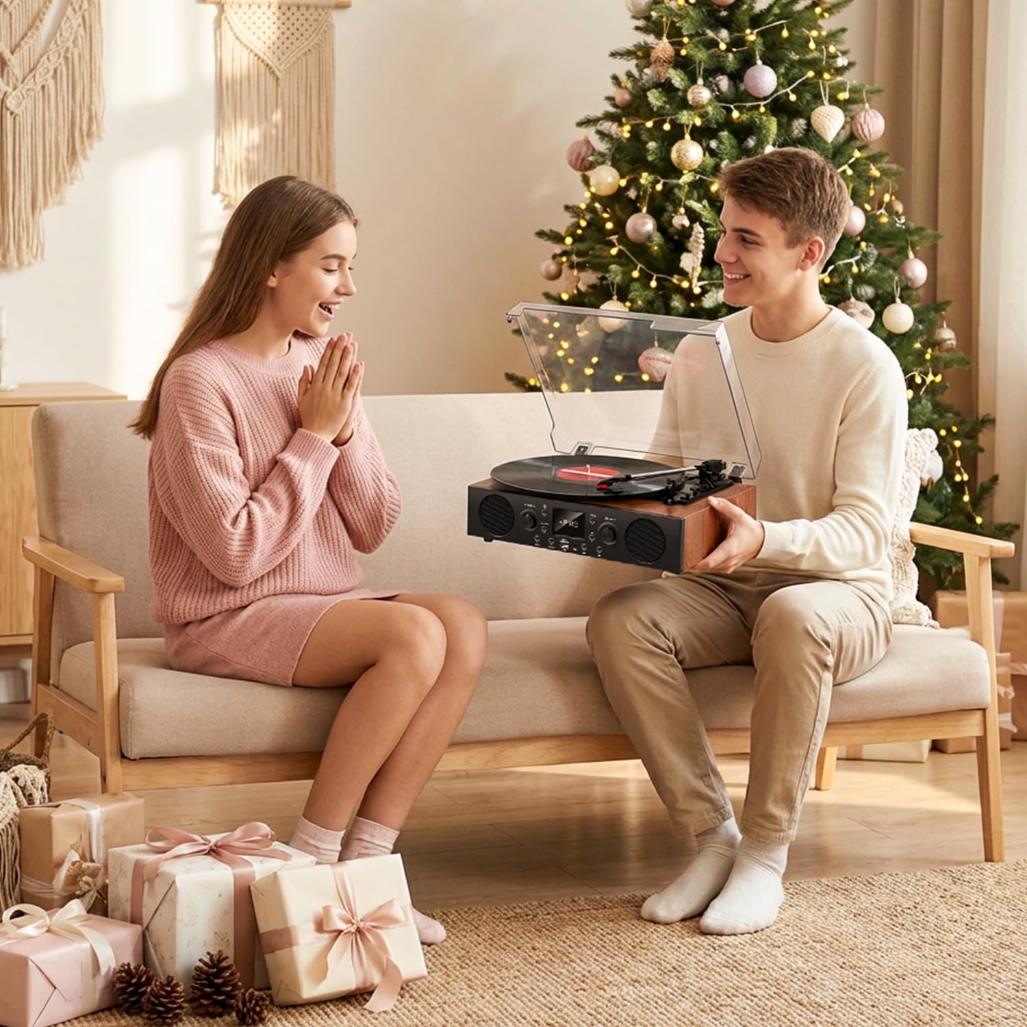 Giradischi in vinile con altoparlante integrato, giradischi Bluetooth con registrazione USB, giradischi vintage a 3 velocità con ricezione Bluetooth, radio FM, uscita RCA e AXU-in, lettore in vinile