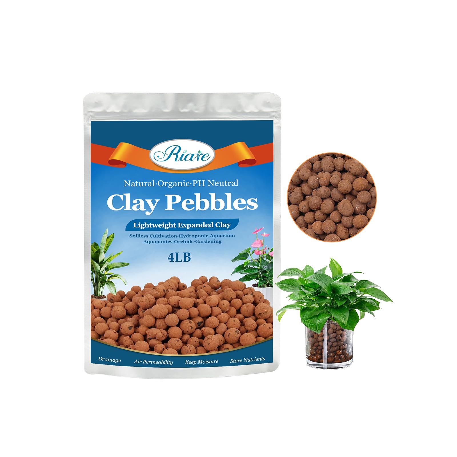 Riare 4 LBS Organic Expanded Clay Pebbles - 4mm-16mm Natural Leca Balls Lightweight Hydroponic Clay Pebbles Aggregate for Indoor Plants, Hydroponic Growing, Plants Drainage, Aquaponics