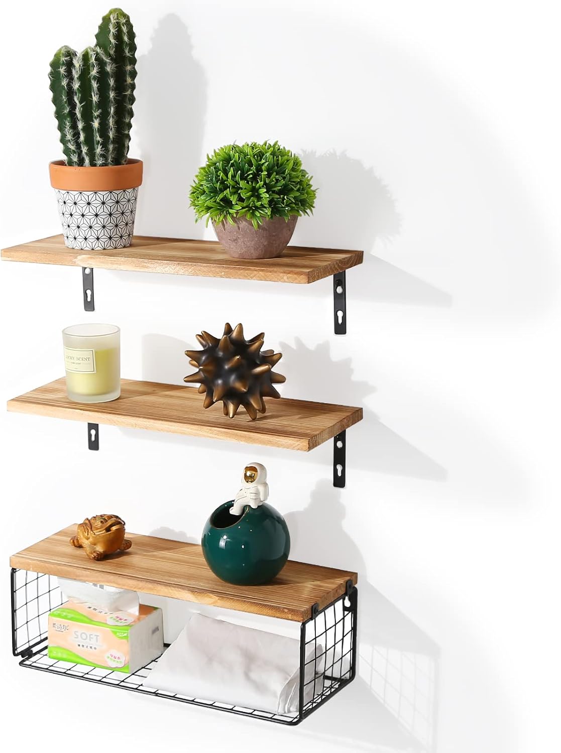 Set of 3 Floating Shelves with Paper Storage Basket Rustic Solid Wood Bathroom