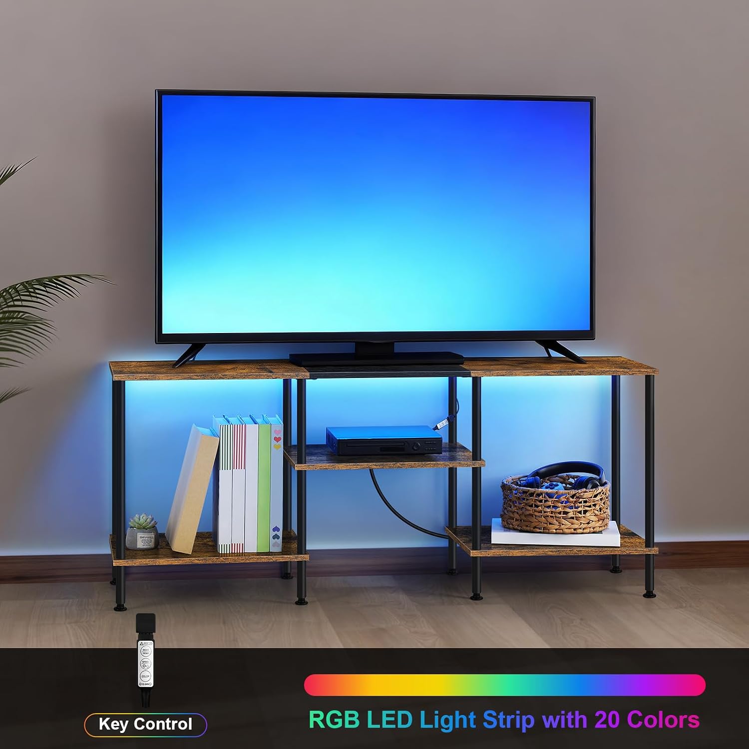BTY LED TV Stand with Storage for 50 Inch TV Small LED Entertainment Center with Charging Station Wooden TV Console Table for Living Room, Bedroom, Rustic Brown