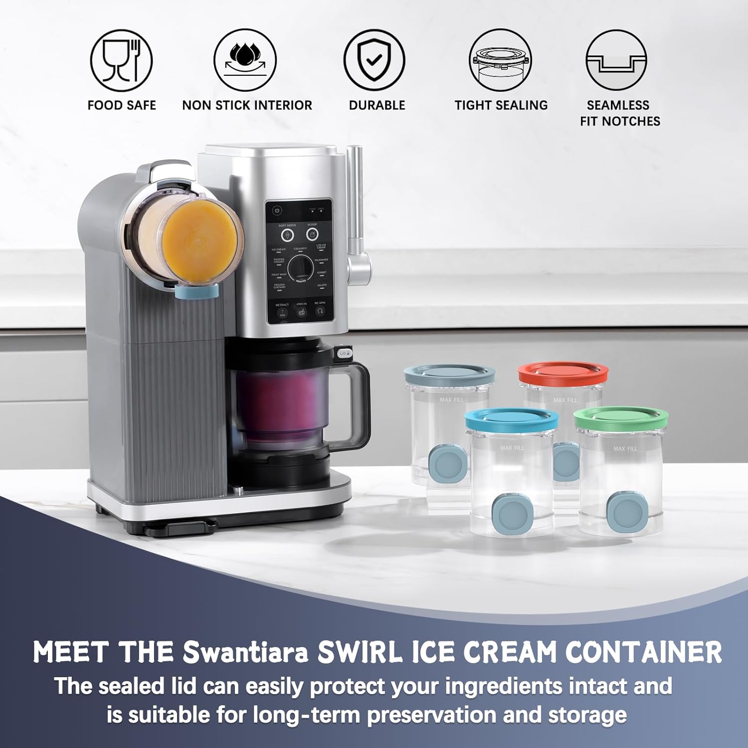 Replacement Pints and Colorful Lids for ninja swirl creami NC700, NC701 Series Ice Cream & Soft Serve Makers, 4 Pack creami containers, 16oz ninja swirl pints, Dishwasher Safe 16oz Swirl series-4 pack