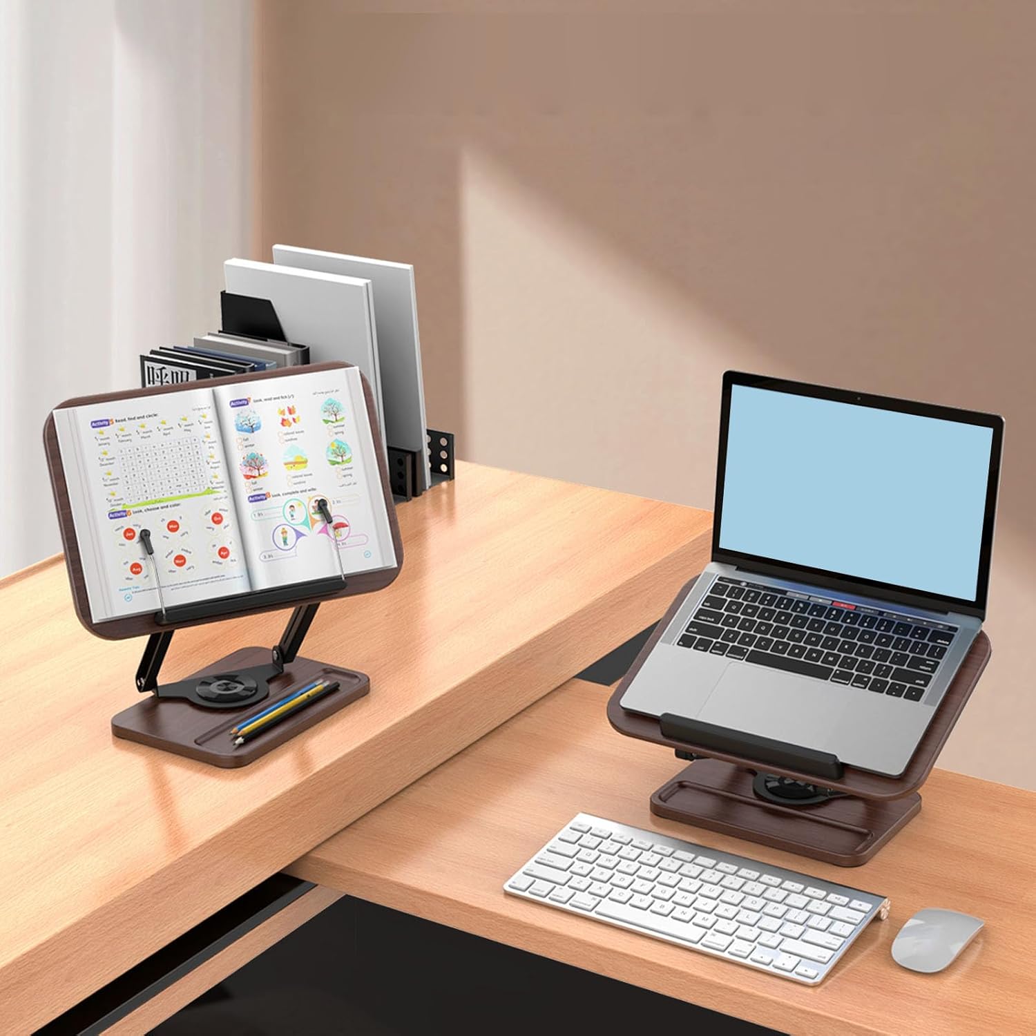 Greensen Book Stand for Reading 360 Rotating Book Holder Adjustable Height and Angle Hands Free Foldable with Storage Tray for Cookbooks Tablets Laptops