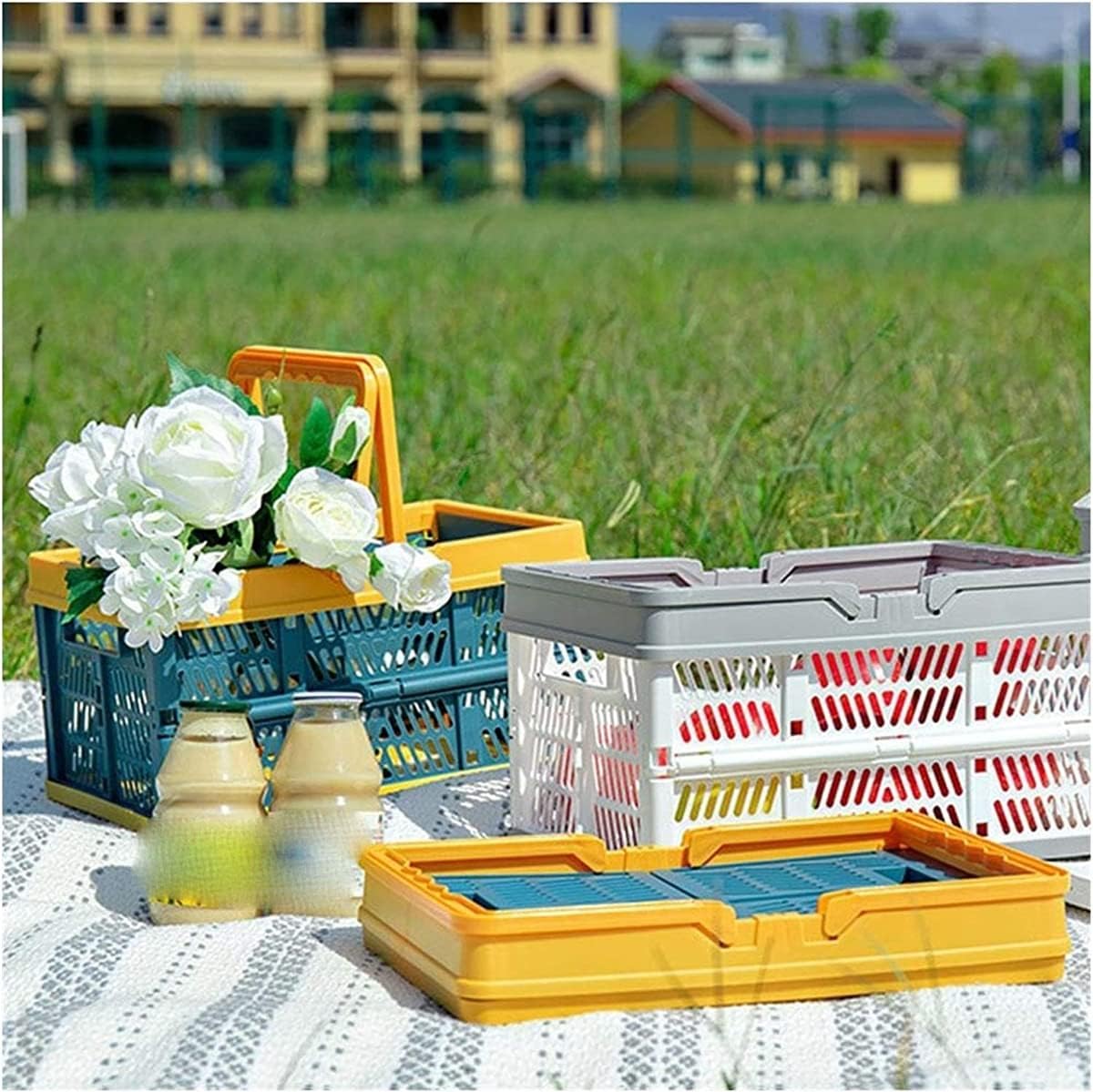 Picnic Collapsible Storage Baskets, Portable Handle Food Storage Basket, Vegetable Picnic Weaving Storage Basket,Yellow