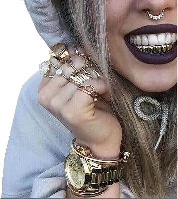 24K Gold Plated Hip Hop Teeth Grillz Punk Custom Fit Teeth Grillz Caps Top & Bottom Grill Set Removable Hip Hop Mouth Grills For Women Men Gift Halloween Party Photo Fancy Dress Accessories