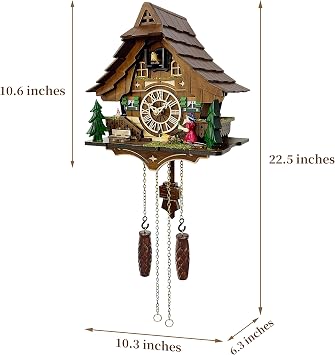 Cuckoo Clocks for Wall, Handcrafted Black Forest Chalet, Quartz | Solid wood; Hourly chime; 12 Melodies; Night mode; Volume control; Battery operated; Great gift; 10.3x22.5 inch