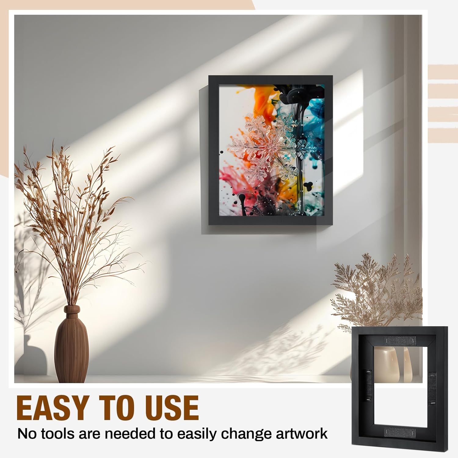 Qunclay 4 Pcs 8 x 10 Inch Canvas Floating Frame Black Floater Frames for Canvas Painting Wood Vertical and Horizontal Wall Hanging Frame with Adhesive Strips for Prints Oil Painting Diamond Decor