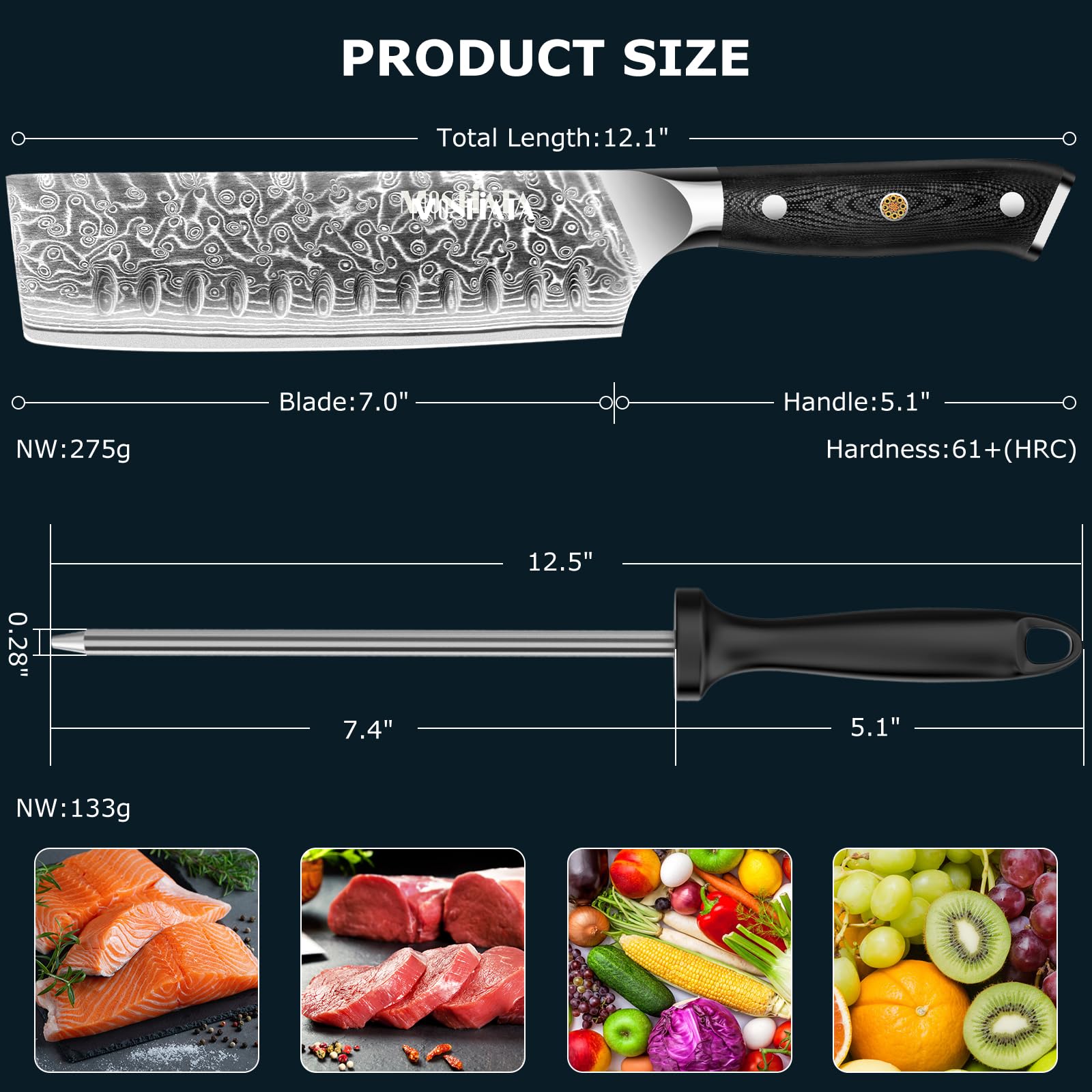 MOSFiATA Couteau Damassé Nakiri - 17,8 cm - Couteau de Chef - Acier Damassé - Tranchant comme un Rasoir - Protège-Doigts - Idéal pour la Cuisine