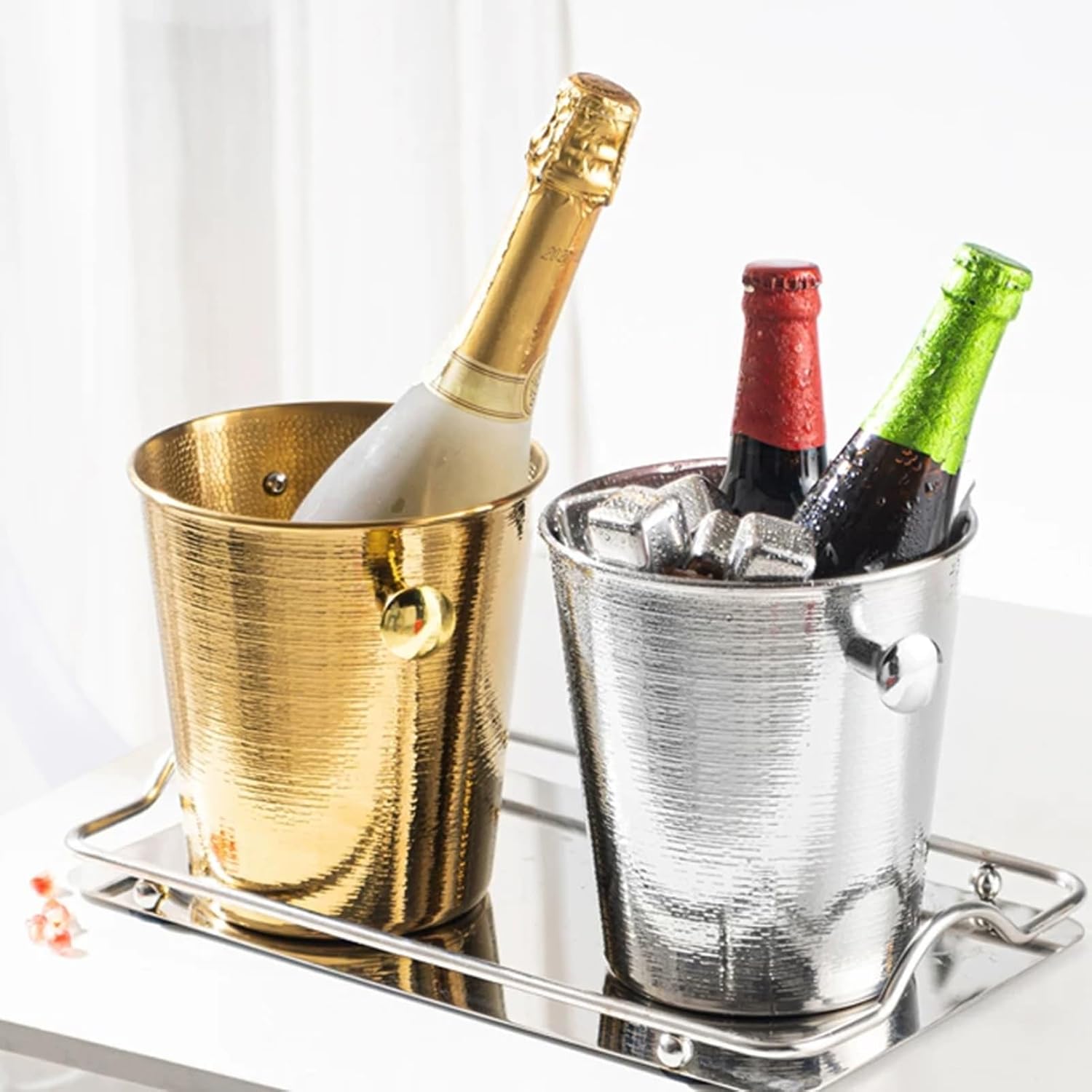 Ice Buckets For Parties Insulated Ice Bucket With Handle Thick Wine Cooler Bucket For Bar, Home, Parties, For Wine Or Champagne Bottles(Silver,169 oz(5L))