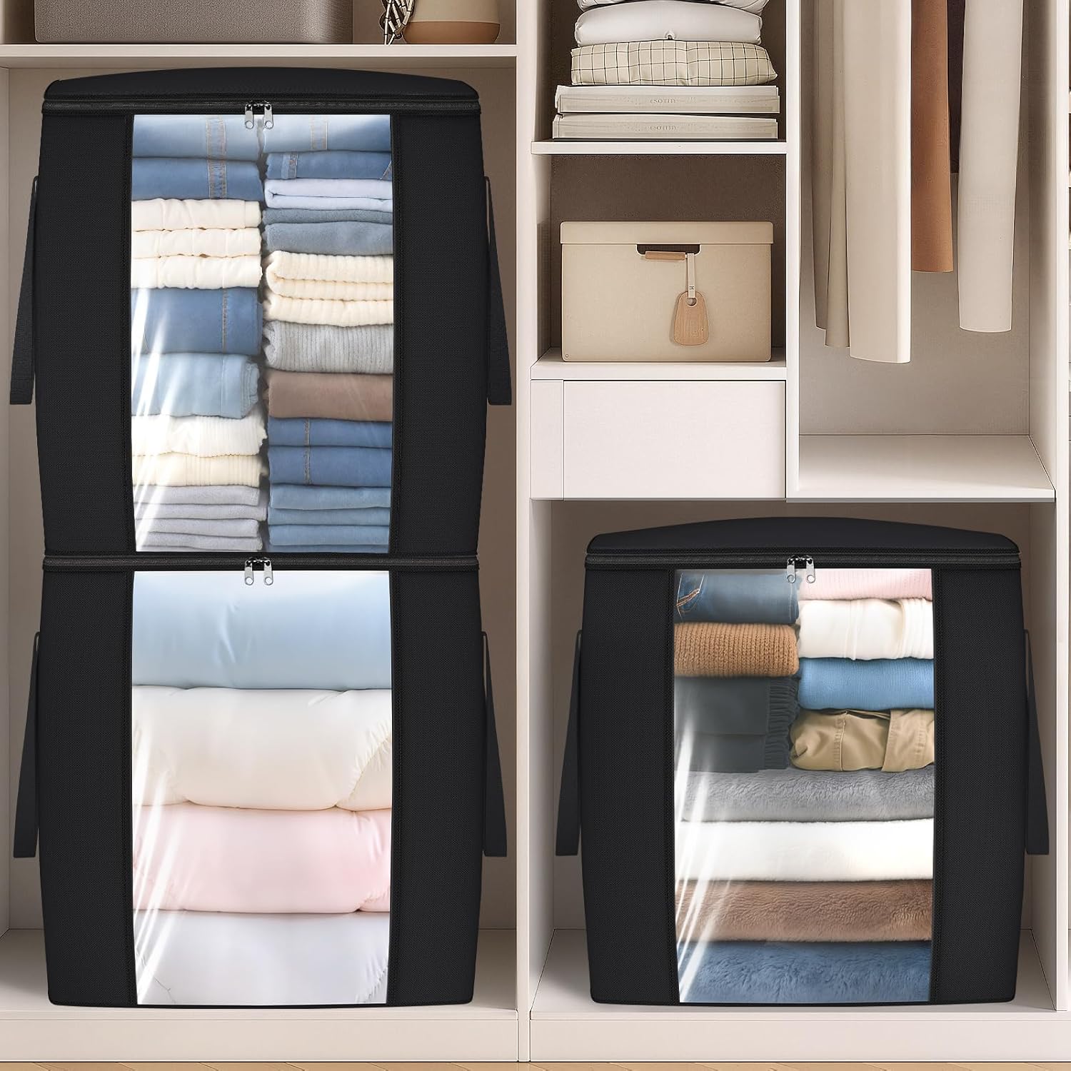 120L Extra Large Clothes Storage Bags, Foldable Blanket Storage and Organization, Thick Fabric Containers with Reinforced Handles & Zippers for Clothing, Comforters, Bedding, Black, 6 Pack