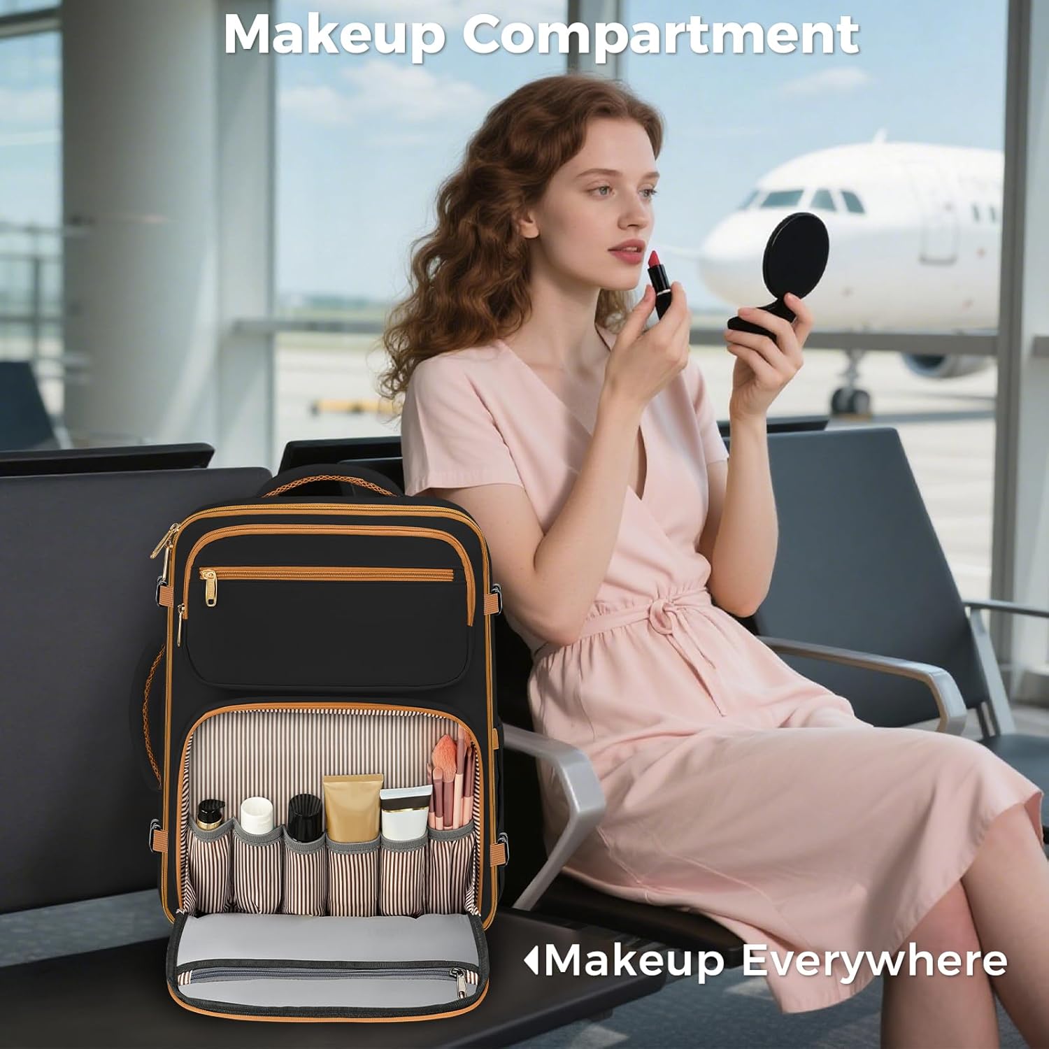 Taygeer Frontier Airlines Personal Item Bag 18x14x8, Underseat Carry on Backpack with Makeup Compartment, 40L Travel Backpack for Women & Men Fits Spirit Frontier Allegiant, Black Brown