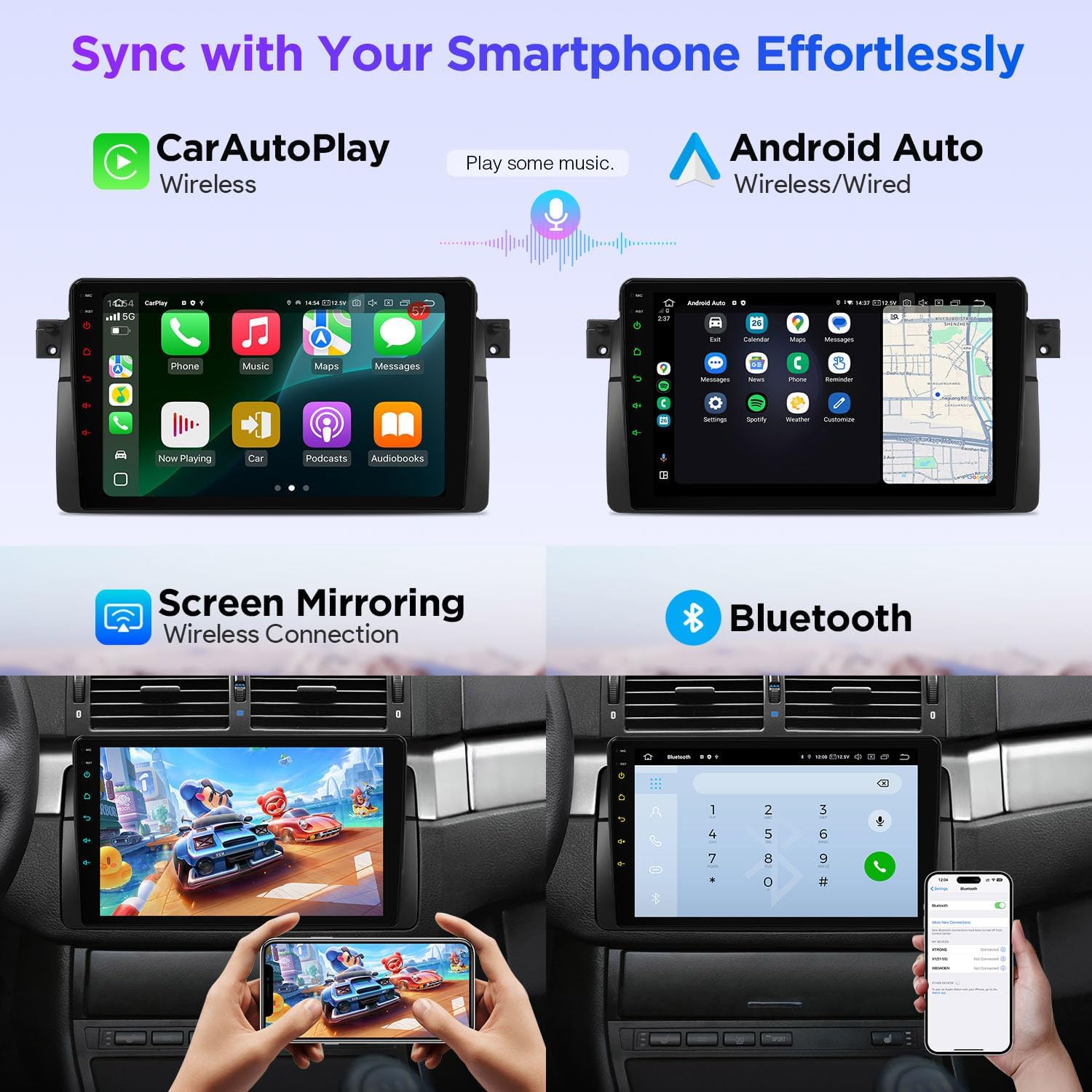 Image demonstrating wireless CarPlay and Android Auto functionality with screen mirroring and Bluetooth.