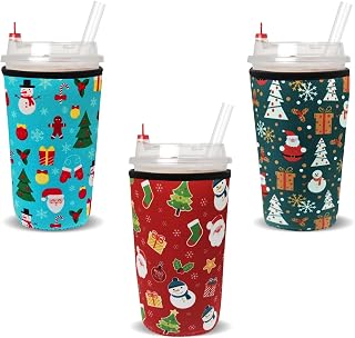 Reusable Iced Coffee Sleeve for Cold Drink Cups, Neoprene Insulator Cup Cover Holder Compatible with Starbucks Dunkin McDonalds Coffee - 3mm Thick (Large Size 30-32oz,Christmas style) 3X
