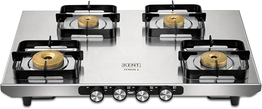 KENT Zenon Gas Stove 4 Burner | Toughened SS Top 2mm | SABAF Italian Gas Valve | Forged Brass Burner | Metallic Knob | Heat Resistance Coating |…
