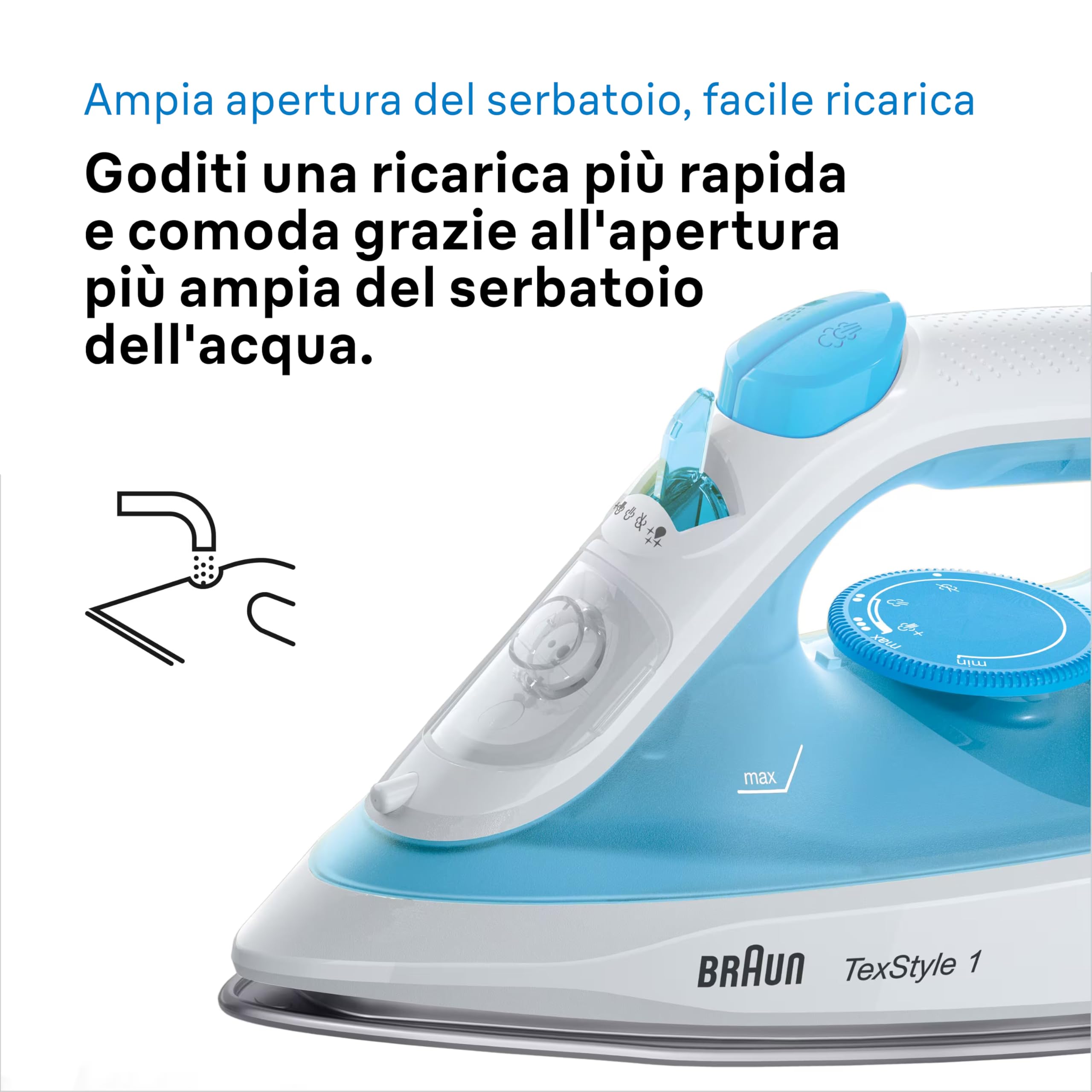 Braun TexStyle1 SI 1050BL Ferro da stiro a Vapore con 5 ANNI DI ASSISTENZA, Termostato, 25g/min in modalità Turbo, MODALITA' RISPARMIO ENERGETICO, Capacità Serbatoio 220ml, 2000W, Celeste