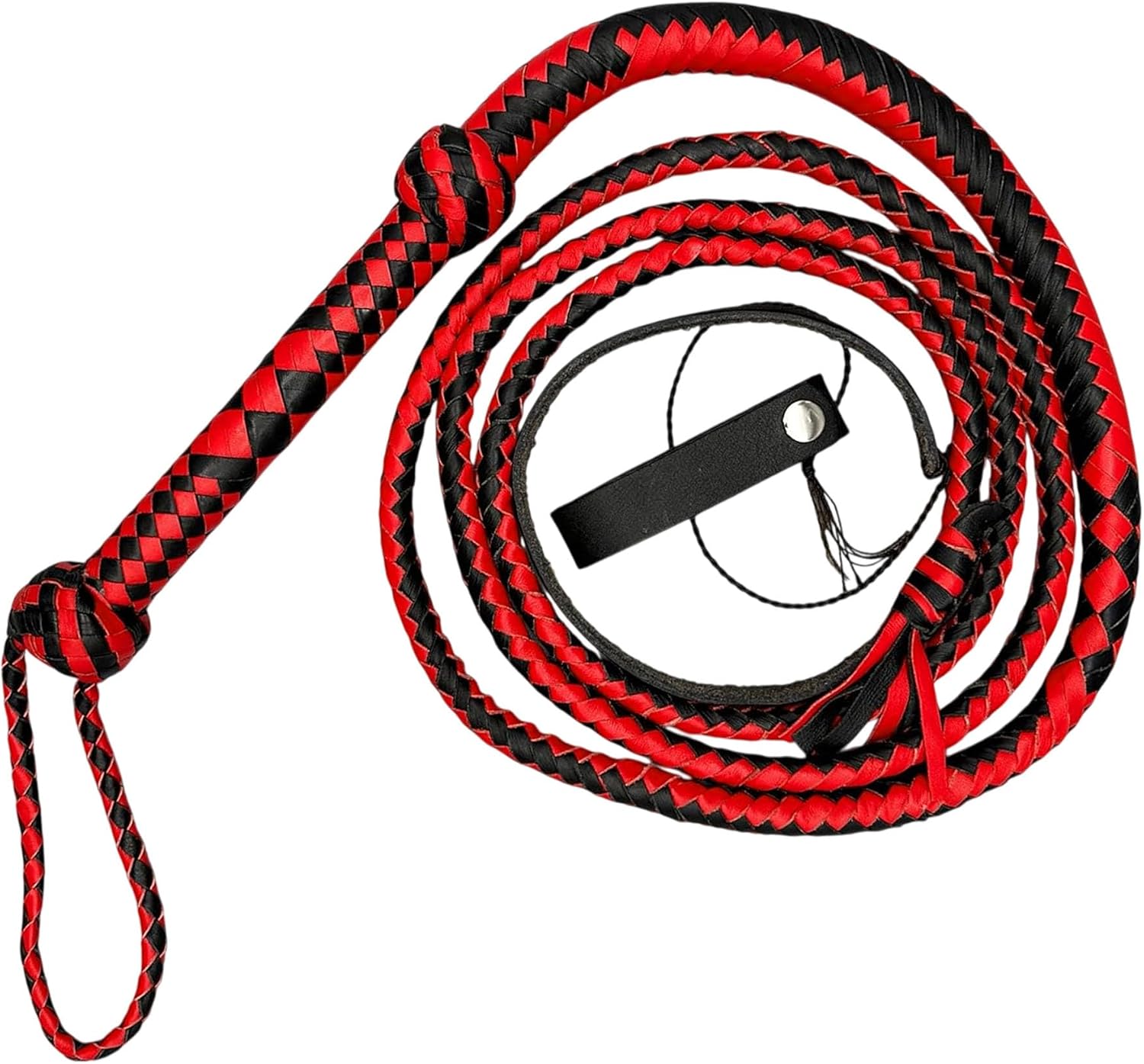 Braided Leather Bull Whip, Black and Red, Long Handle, Cowhide Leather