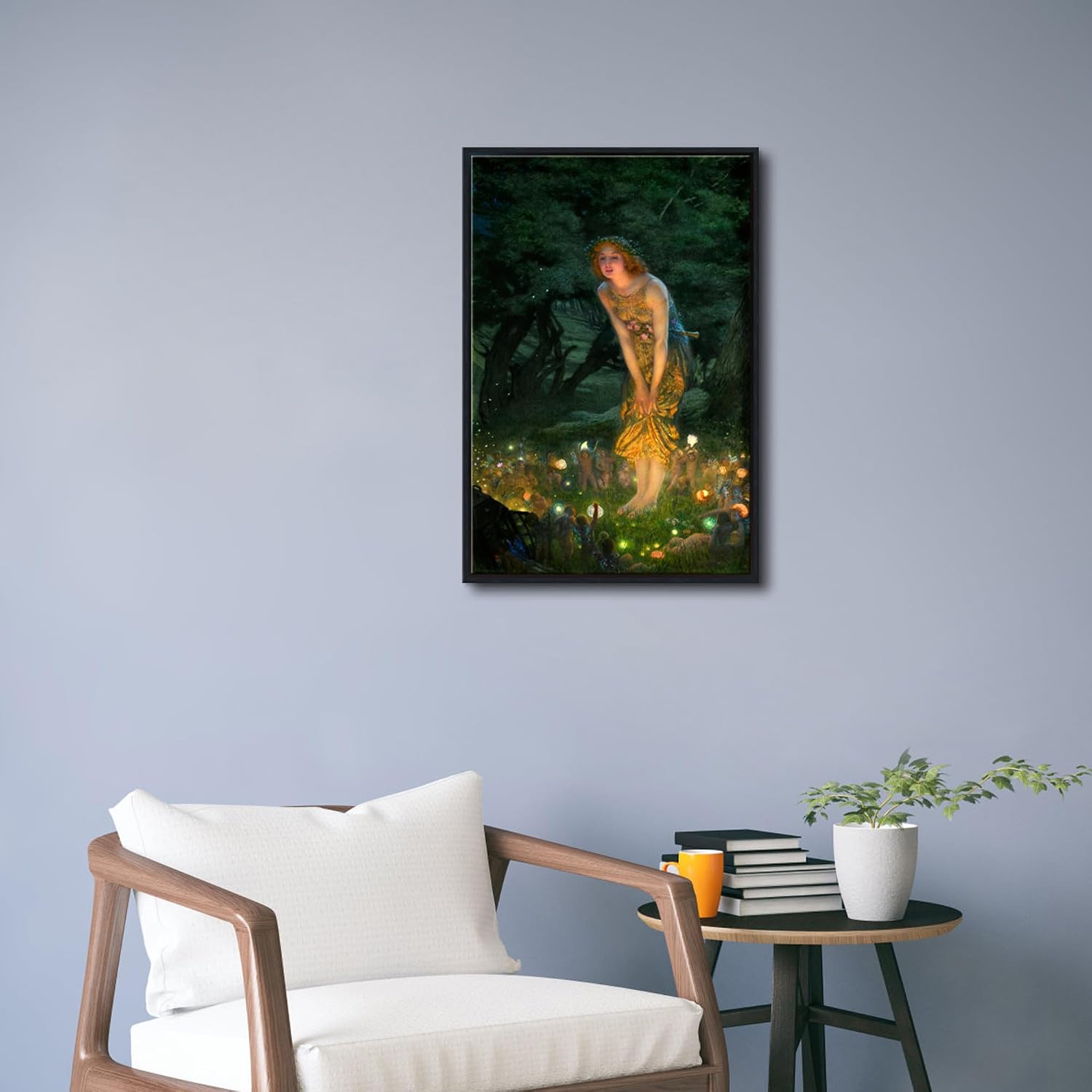 Wieco Art Framed Canvas Print Wall Art Fairy Tale Midsummer Eve with A Girl and Elves by Edward Robert Hughe Neoclassical Art Nouveau Picture for Living Room Home Decorations