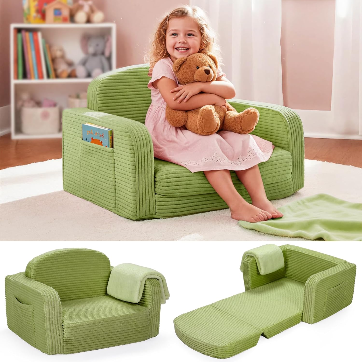 2 in 1 Convertible Kids Couch - Corduroy Fold Out Kids Sofa Chair with Blanket, Comfy Comfortable Toddler Chair, Machine-Washable Cover, for Boys Girls, Medium Green
