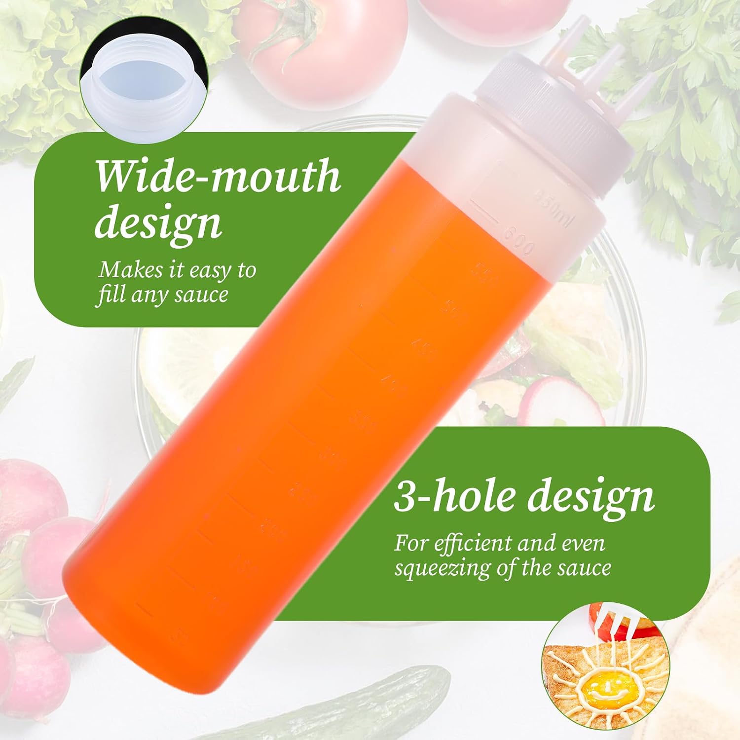 8 Pcs Condiment Squeeze Bottles, 3 Hole 22oz/650ml Squeeze Bottles for Sauces Refillable Plastic Dressing Squirt Bottle Leak Proof Ketchup Dispensers for Sauces, Oil, BBQ, Honey, Paint