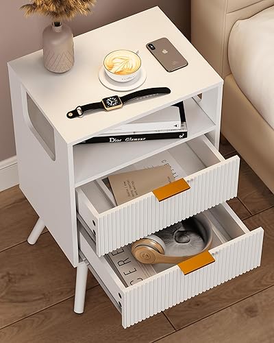 Miniatura 4 de Mesita de noche blanca, moderna mesita de noche con 2 cajones de almacenamiento y estante de madera abierta, para dormitorio y espacios pequeños,