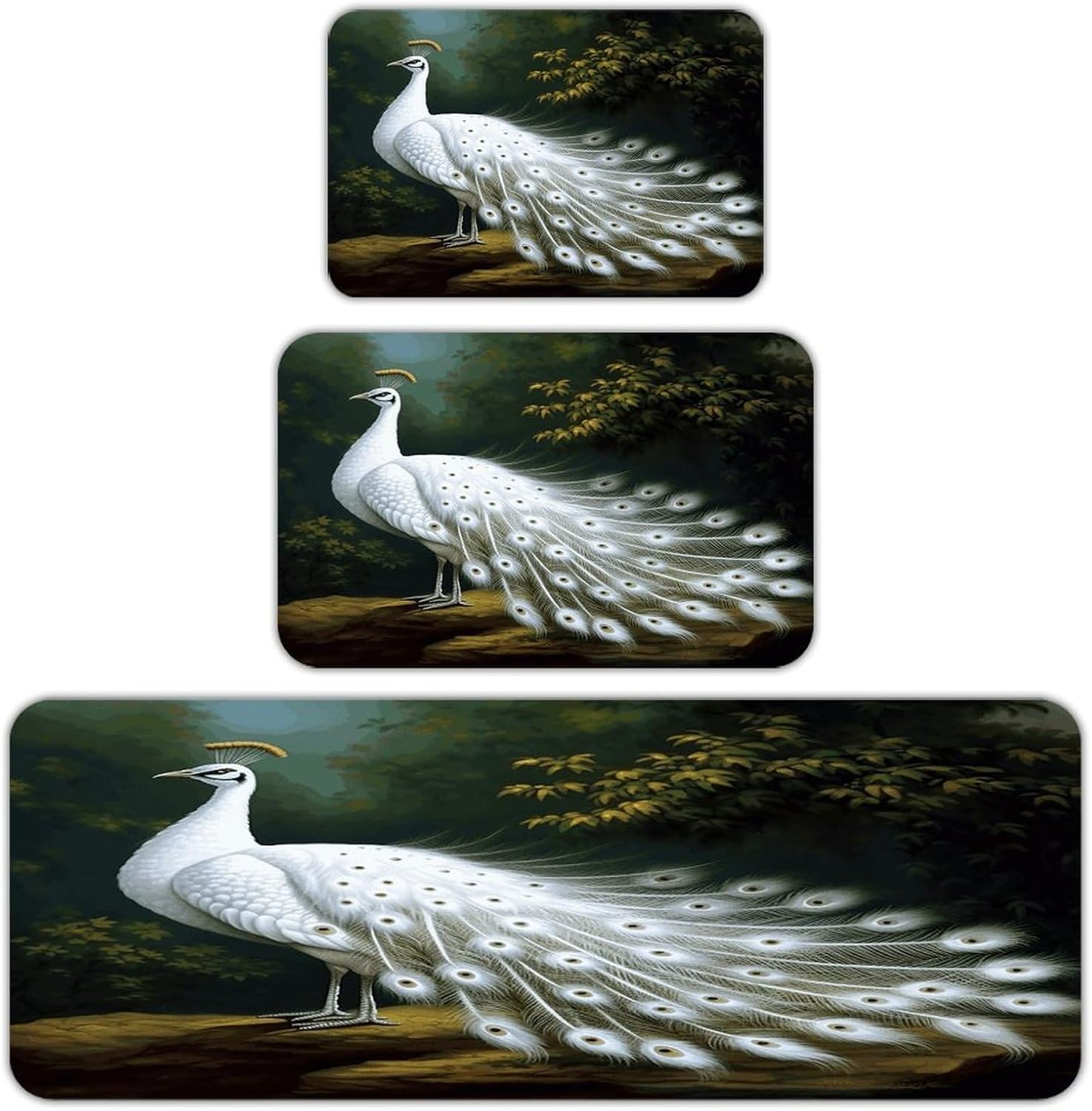 White Peacock Kitchen Rugs Sets of 3 Washable Non Slip Kitchen Rug Water Resistant Carpet Piece Anti Fatigue Kitchen Mats Soft Comfort Standing Mat Modern Area Rug
