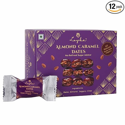 Loyka Caramel Almonds Dates Box - 12 pc box | Crunchy | Gift Hamper| No Refined Sugar Added | Made with Jaggery | Diet friendly | Healthy guilt-free morning/evening snack |Gluten-free