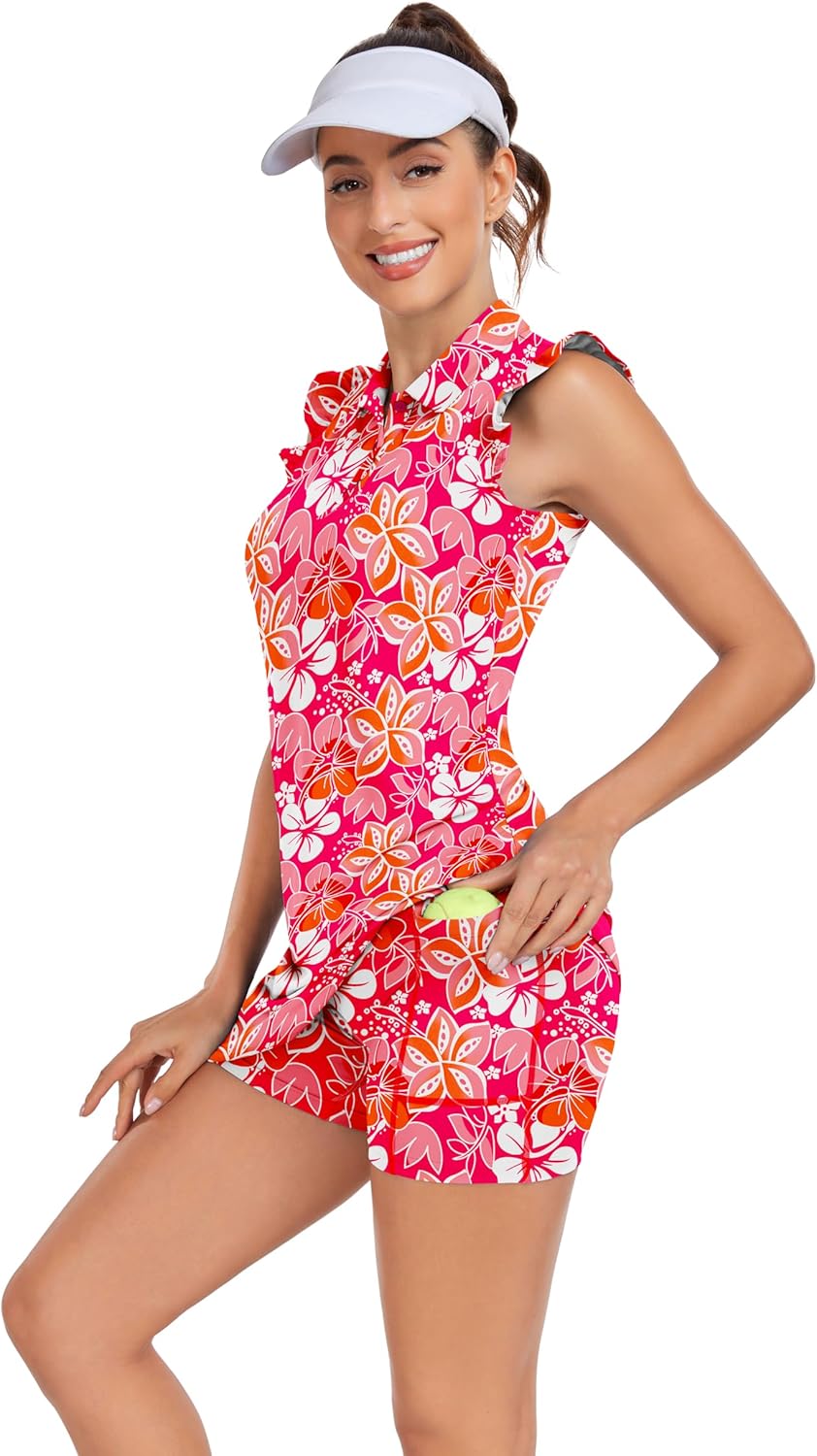 WOWENY Tennis Dress Polo Buttons Golf Dresses with Built in Shorts and Pockets Ruffle Sleeveless Athletic Workout Dress - Image 3