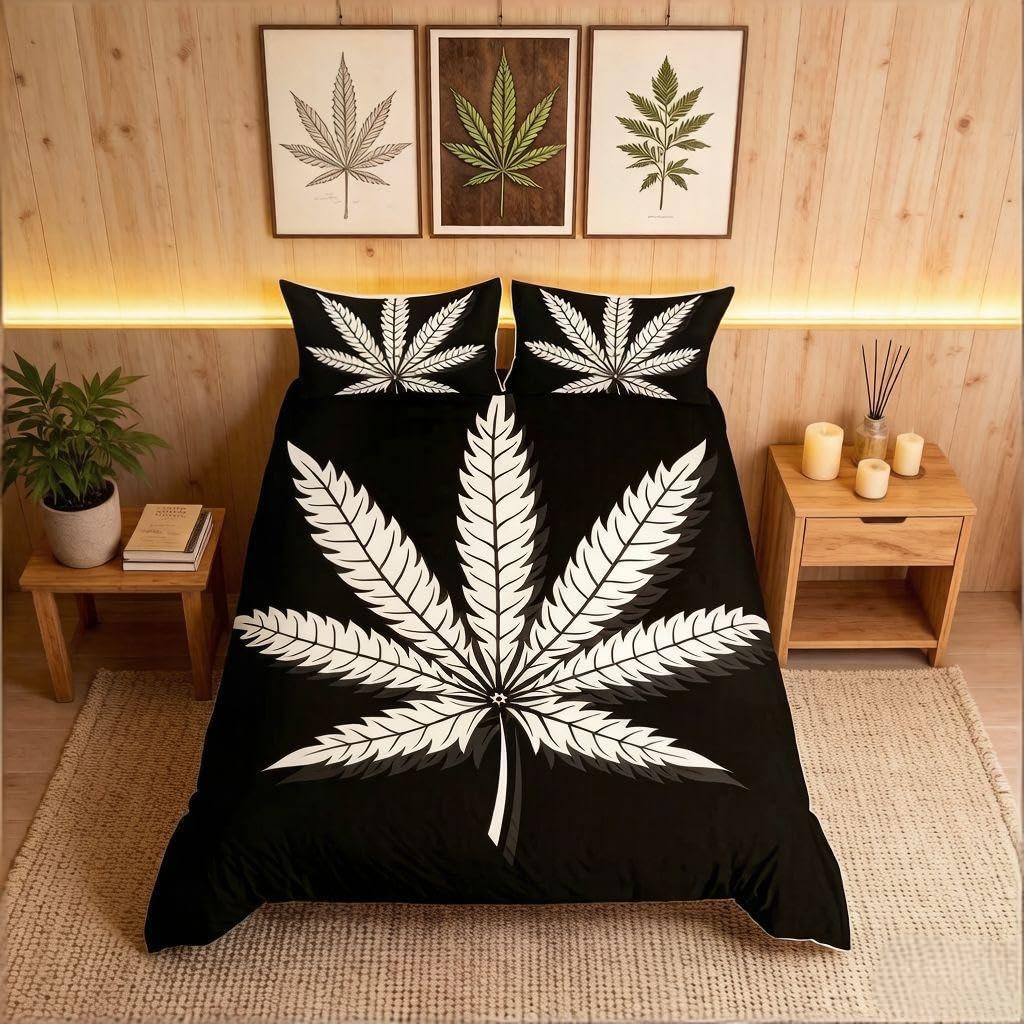 Loussiesd Marijuana Leaf Duvet Cover Cannabis Leaves Bedding Set Marijuana Weed Leaf Print Comforter Cover for Men Adults Bedroom Decor Black White Botanical Pattern Junior/Cot Bed Size