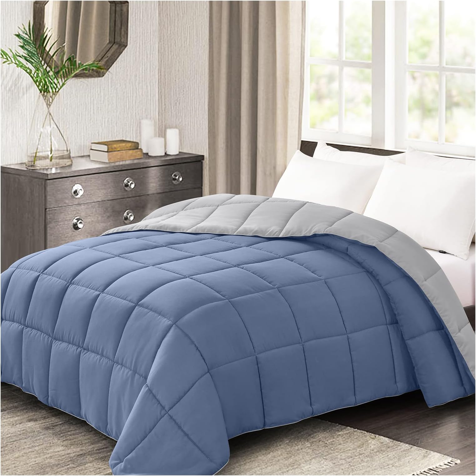 Comforters Queen Size - Blue Duvet Insert Down Alternative Bed Queen Comforter, Lightweight Bedding Comforters Full Size Quilted Soft All Season Reversible Blue/Grey