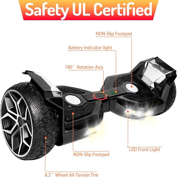 8.5 All Terrain Hover Board, Off Road Self Balancing Scooter with Bluetooth and LED Lights, UL2272 Safety Certified