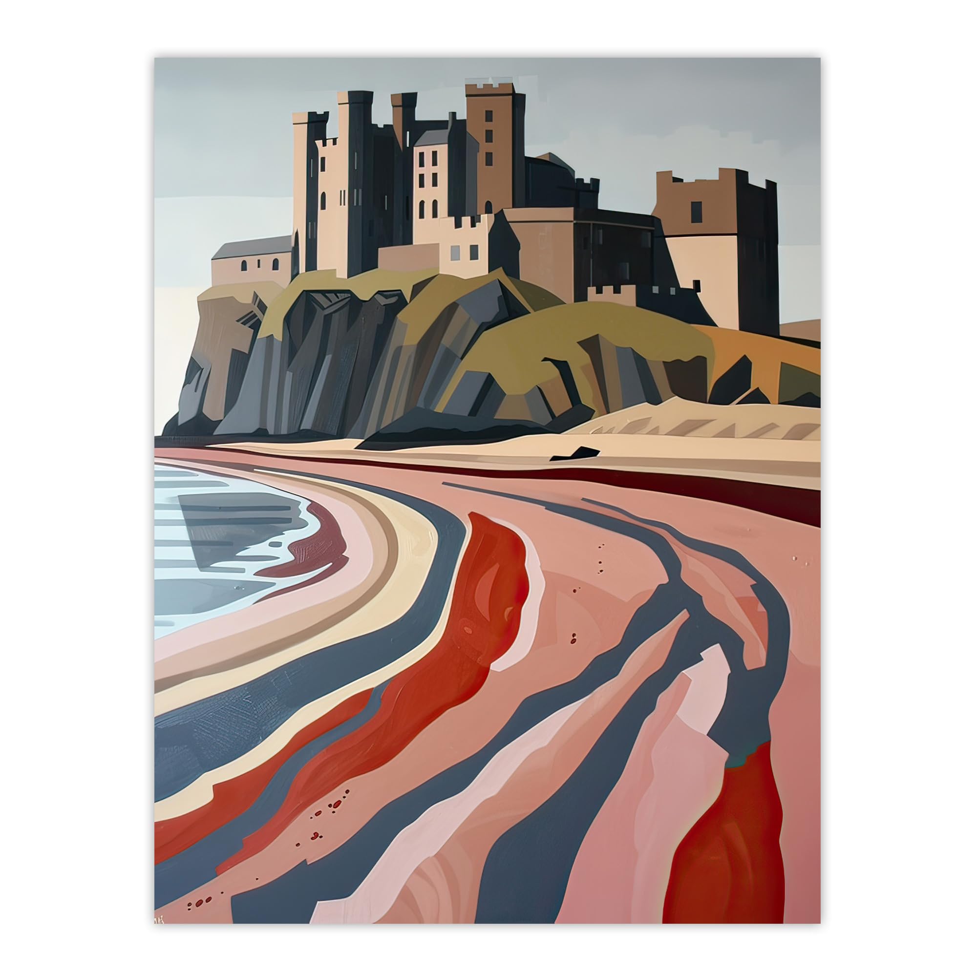 Artery8 - Bamburgh Castle Block Print Artwork - Northumbria Wall Art Print - W24 inch x H32 inch