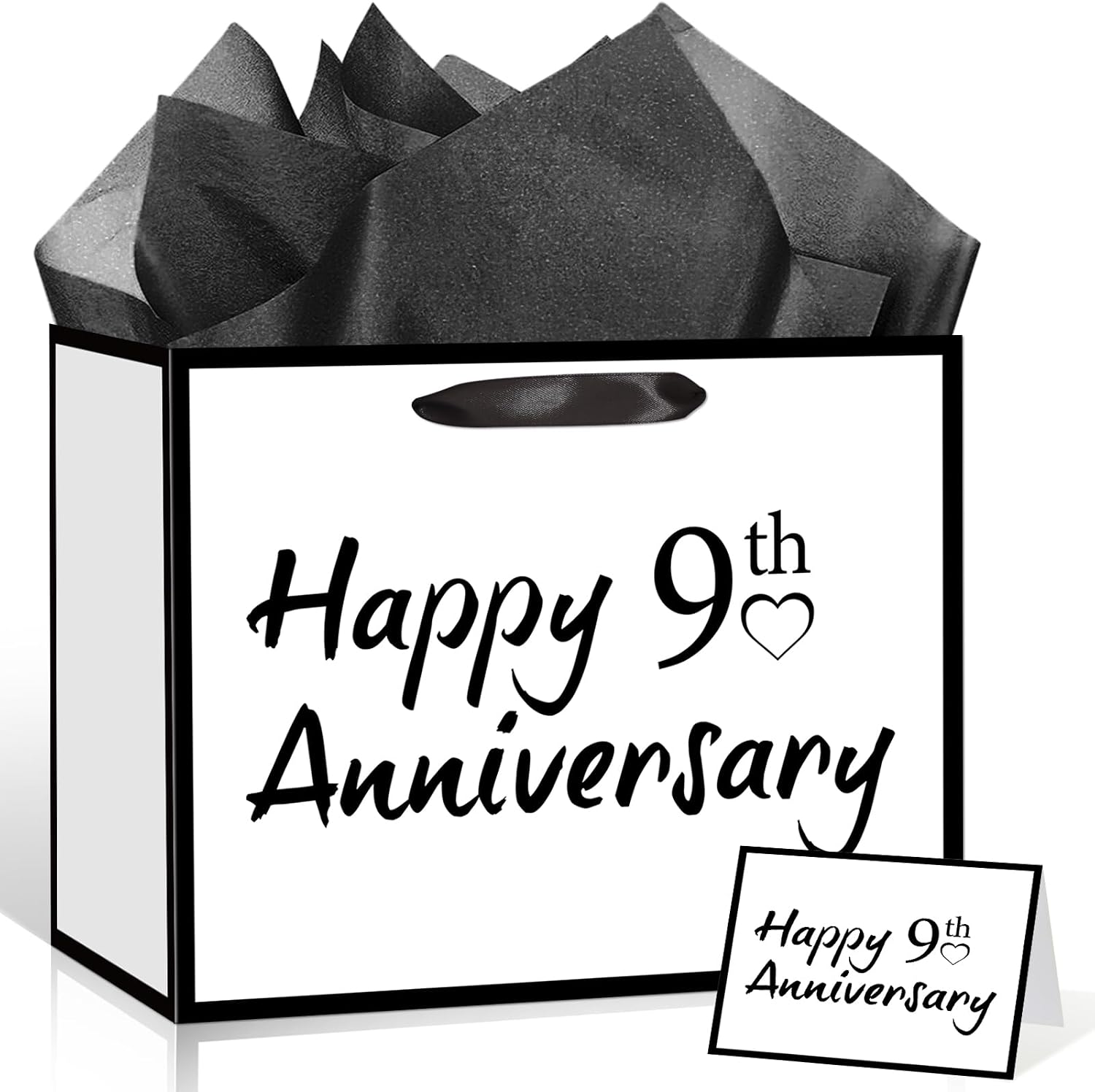 TagreSpike 9th Anniversary Paper Gift Bag with Tissue Paper and Card - Large Happy 9th Anniversary Wrapping Bag - Black and White Anniversary Party Supplies for Husband Wife Couple