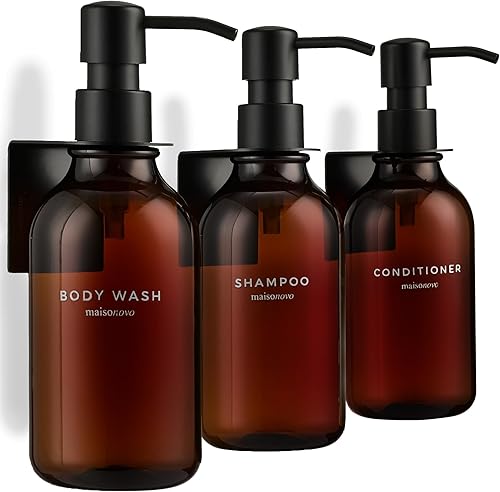 Vista 56 de MaisoNovo Dispensador de champú y acondicionador, dispensador de jabón de ducha montado en la pared, juego de 3 botellas de plástico transparente